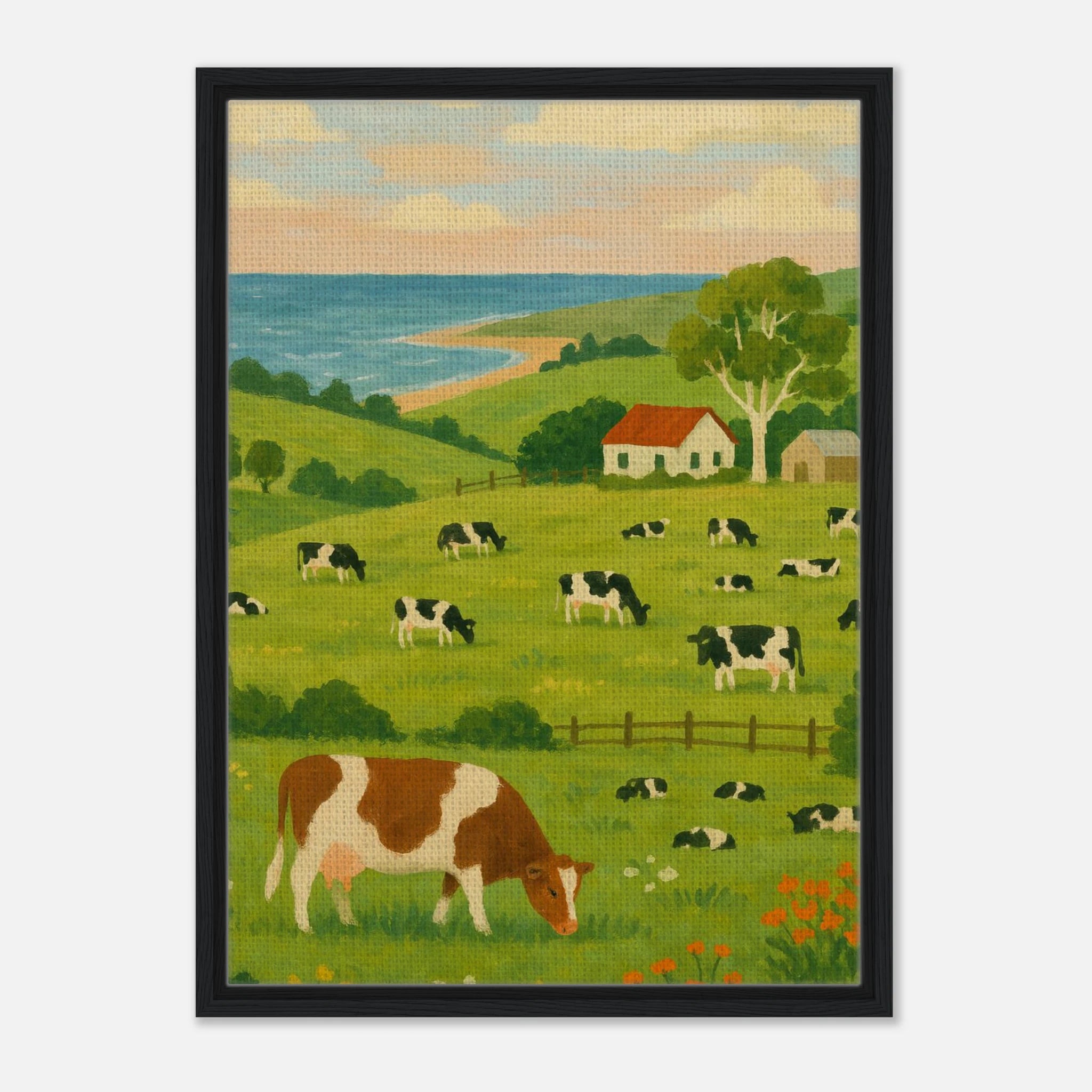 Black frame 50x70 cm 20x28″ - Coastal Dairy Farm – Country Landscape Canvas Wall Art - Play By Print