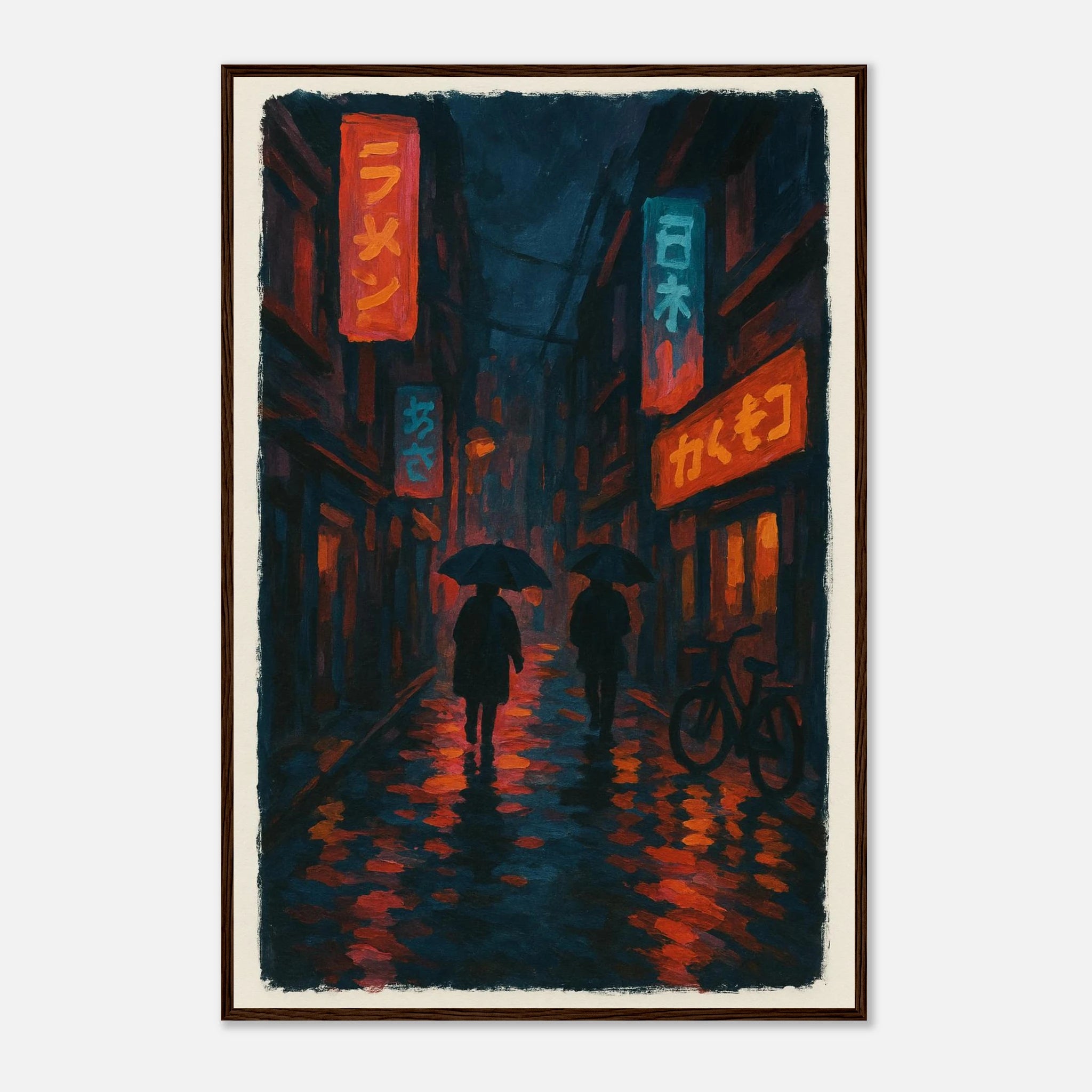 Dark wood frame 60x90 cm 24x36″ - City Shadows – Rainy Night in Tokyo Neon Alley Print - Play By Print