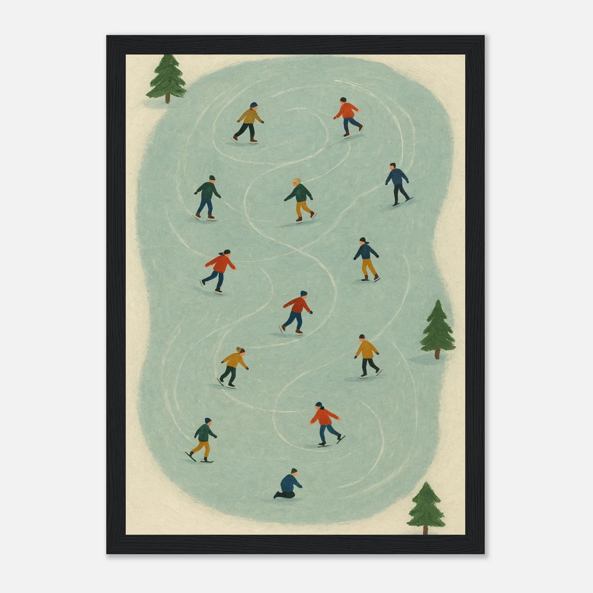 Black frame 21x29.7 cm 8x12" - Winter Ice Skating Print | Whimsical Folk Art Style - Play By Print