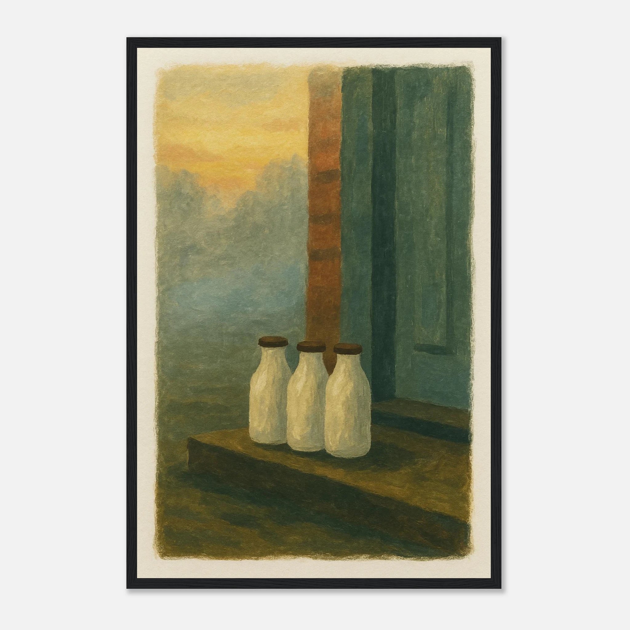 Black frame 40x60 cm 16x24″ - Milk Bottles at Dawn – Gouache Still Life Art Print - Play By Print