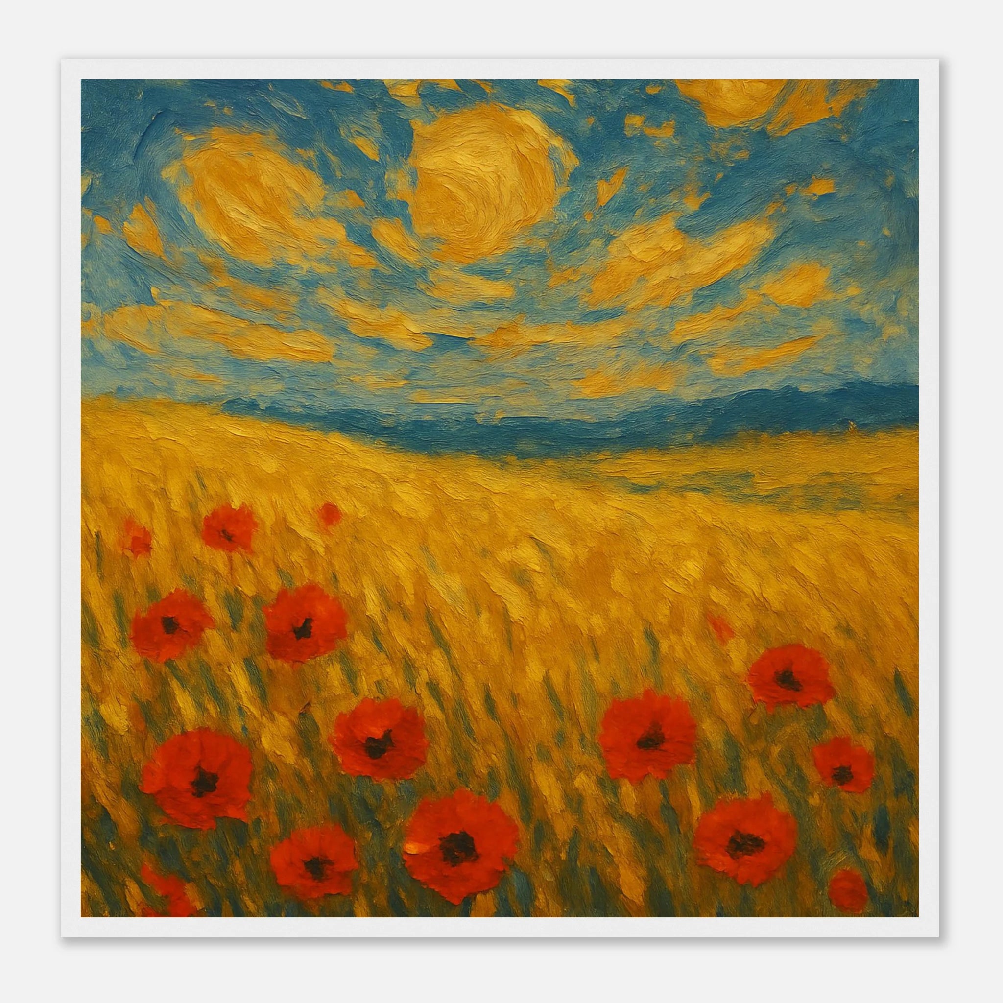 White frame 50x50 cm 20x20″ - “Sun-Spun Fields” | Golden Wheat & Poppy Field Art Print - Play By Print
