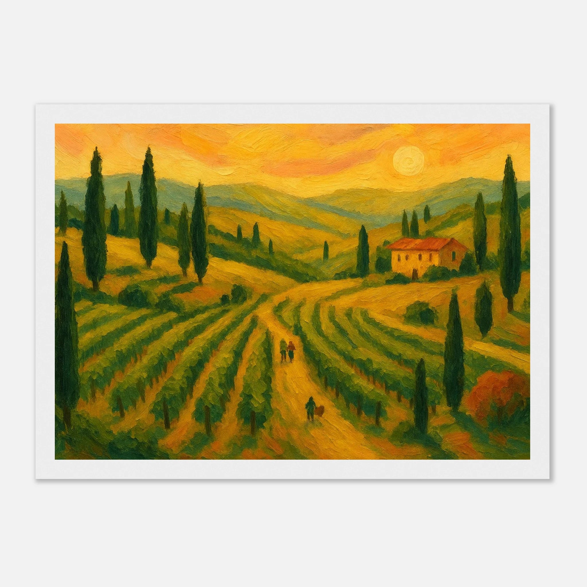 White frame 21x29.7 cm 8x12" - “Sunset Over Tuscany” | Golden Vineyard Landscape - Play By Print