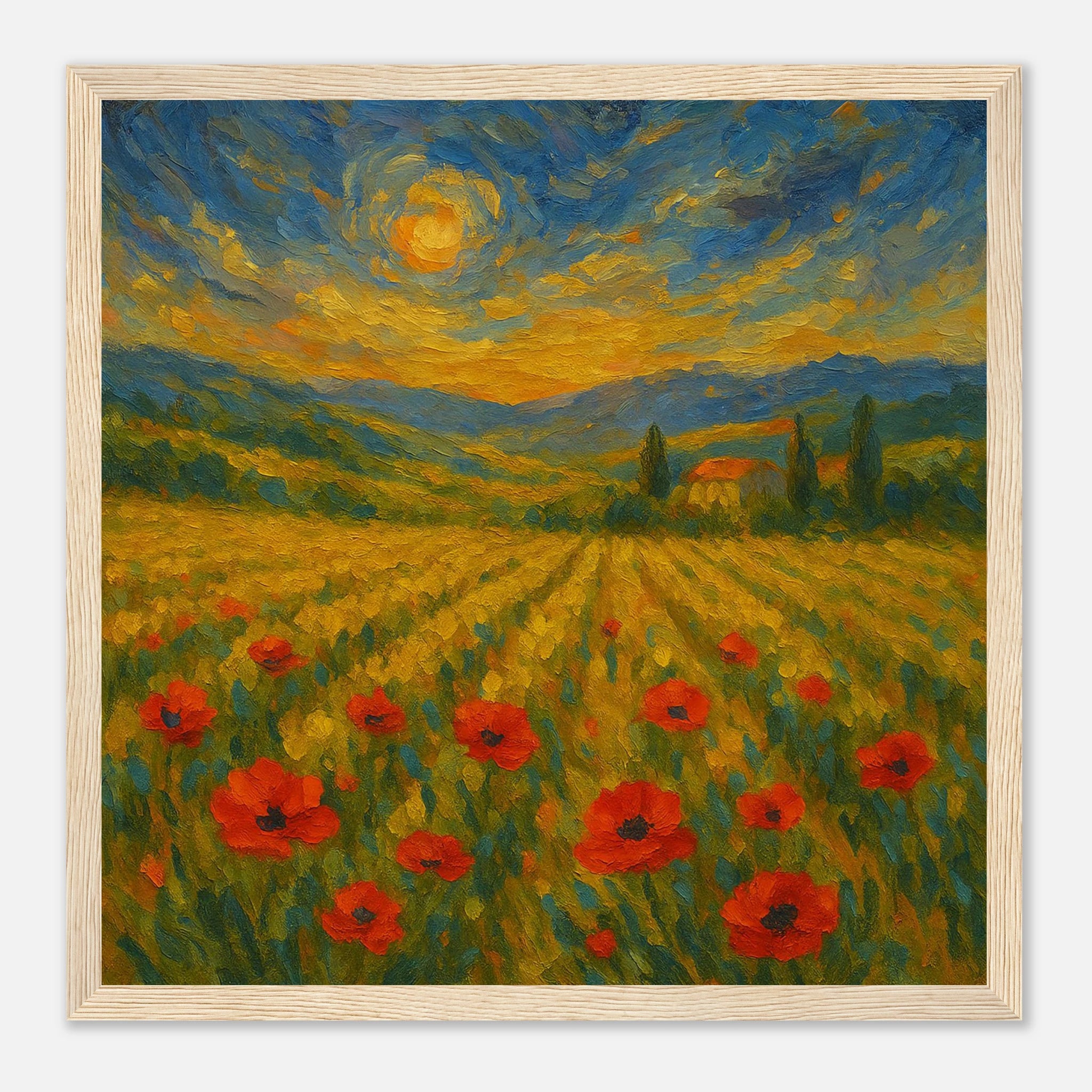 Wood frame 30x30 cm 12x12″ - “Golden Hour in the Poppies” | Vibrant Sunset Landscape Art - Play By Print
