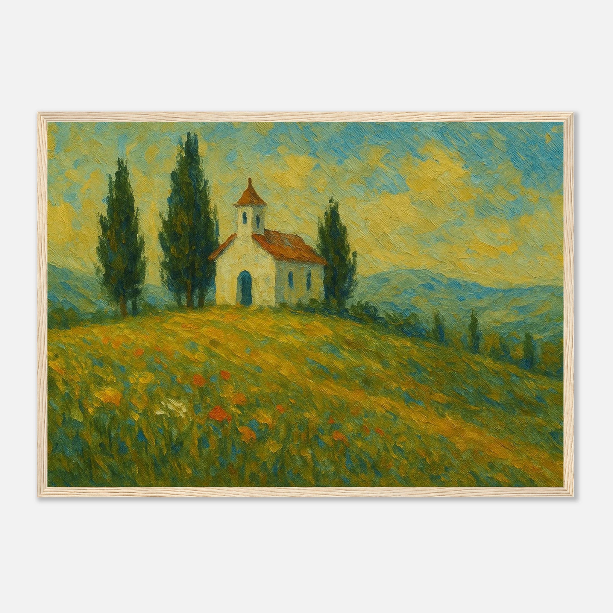 Wood frame A2 (42 x 59.4 cm) - “Chapel on the Hill” | Countryside Church Landscape Print - Play By Print