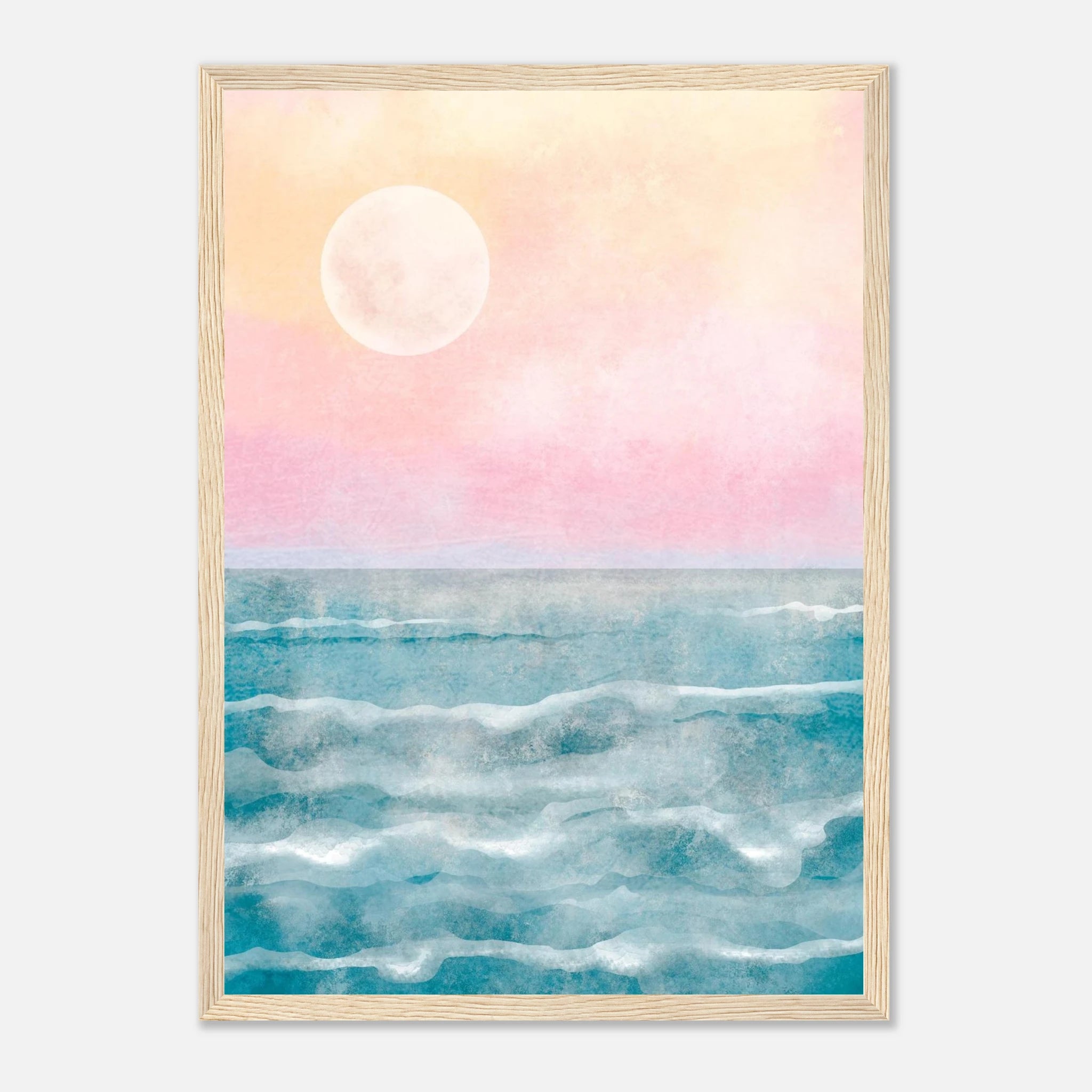 Wood frame - Cotton Candy Horizon – Serene Ocean Sunrise Watercolour Print - Daisy