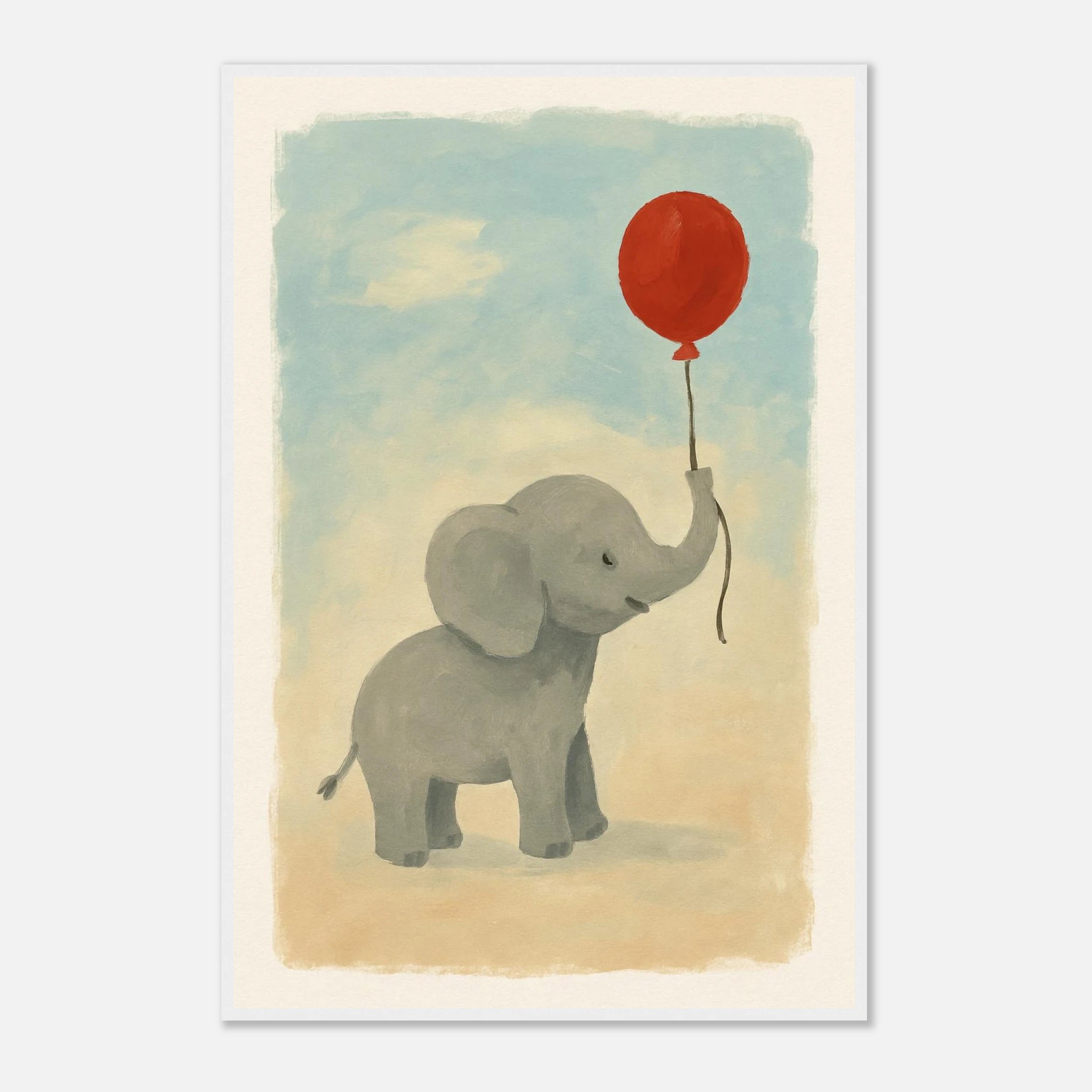 White frame 60x90 cm 24x36″ - Baby Elephant with Balloon – Gouache Nursery Art Print - Play By Print
