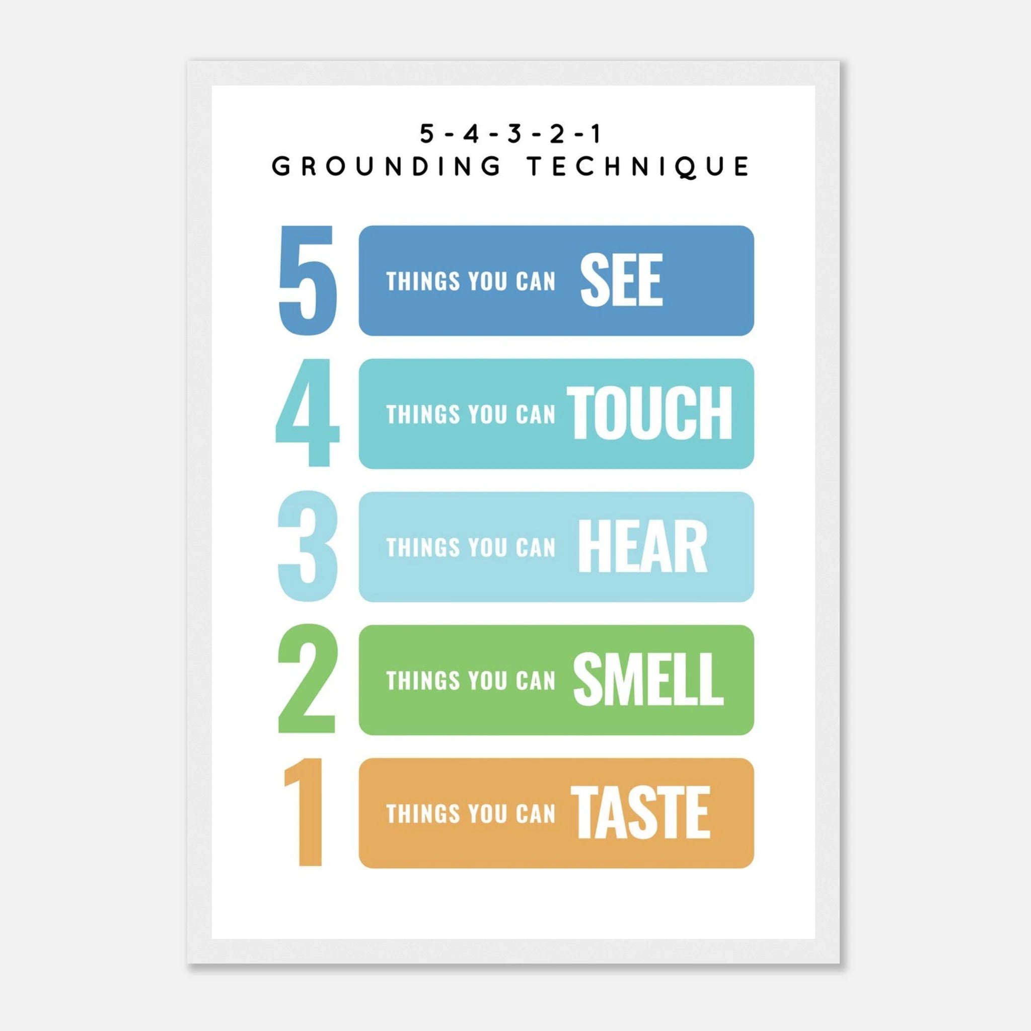 White frame - 5-4-3-2-1 Grounding Technique Poster | Mindfulness & Anxiety Support for Kids - Elena