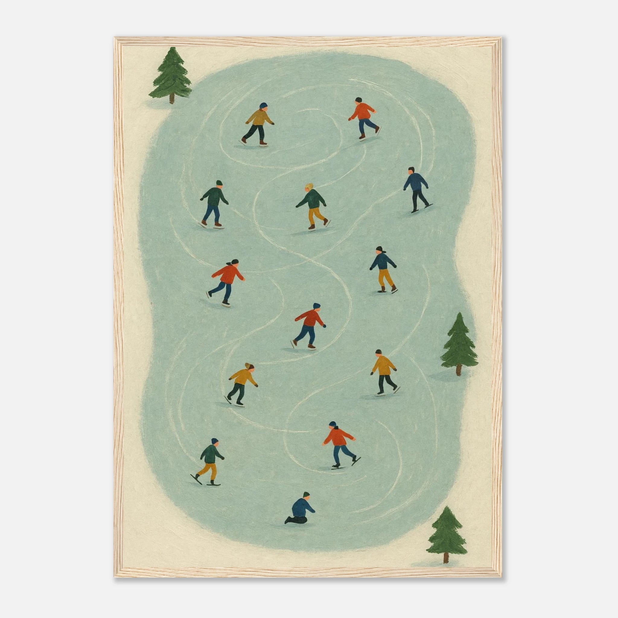 Wood frame A2 (42 x 59.4 cm) - Winter Ice Skating Print | Whimsical Folk Art Style - Play By Print