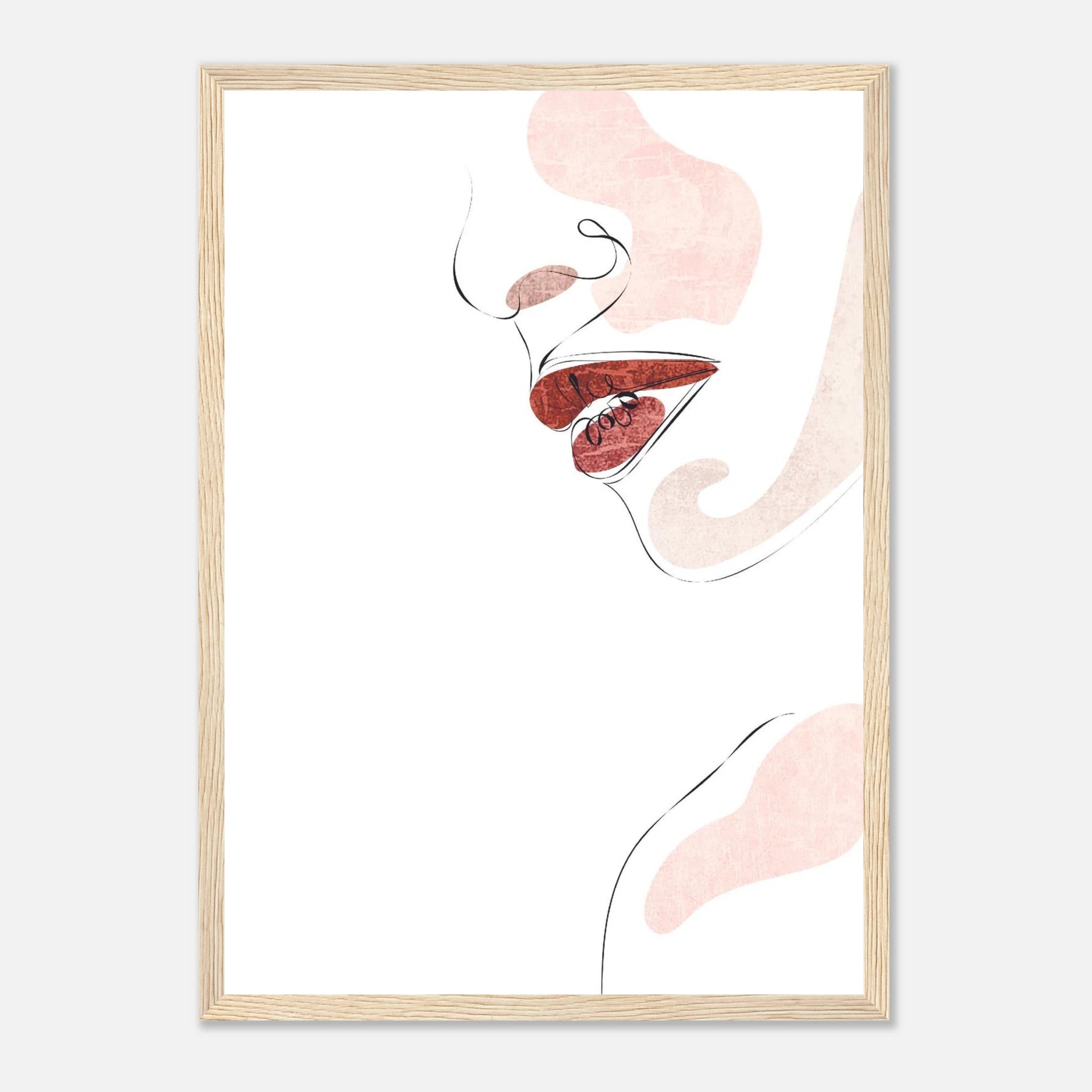 Wood frame - Bite Me – Minimal Lips & Cherry Line Art Print - Play By Print