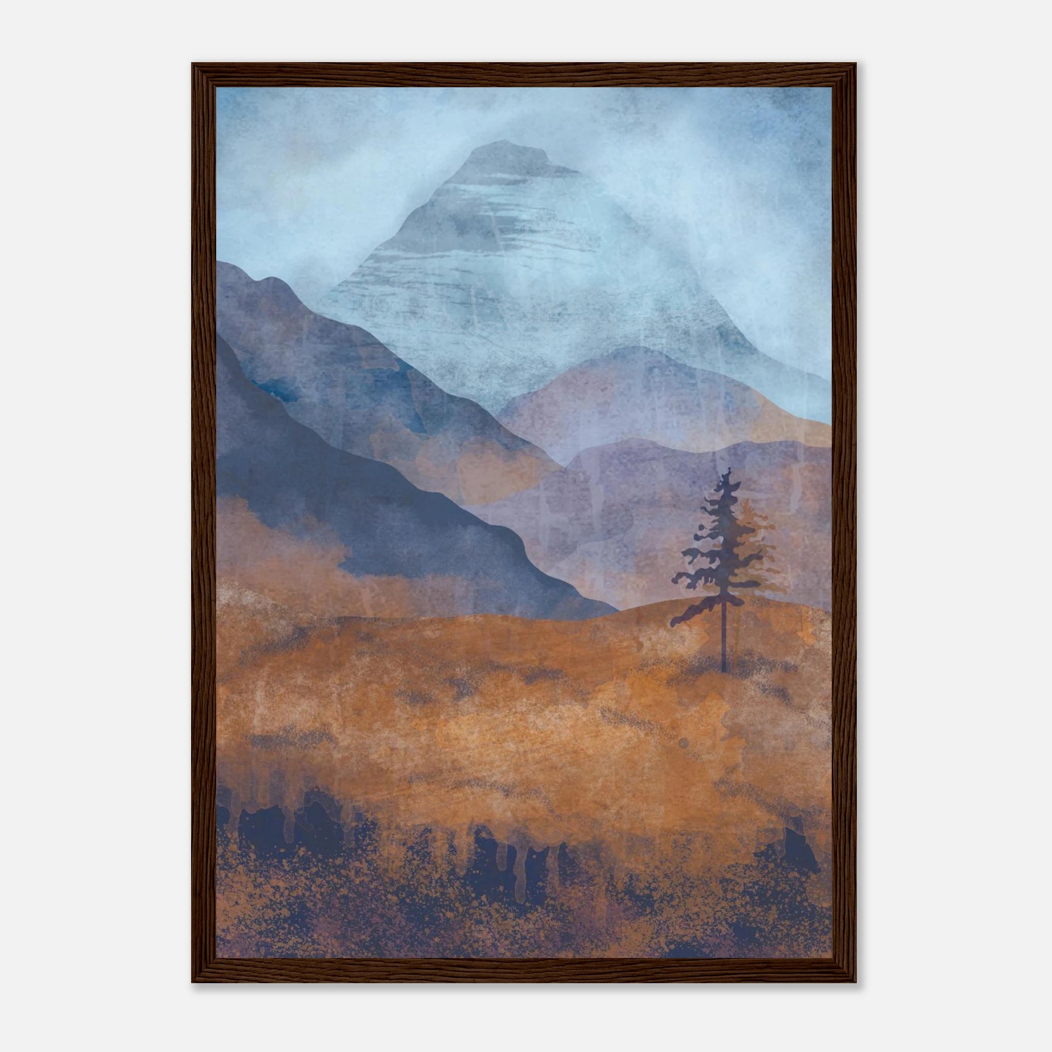 Dark wood frame - Misty Alpine Layers – Abstract Mountain Landscape Wall Art - Daisy