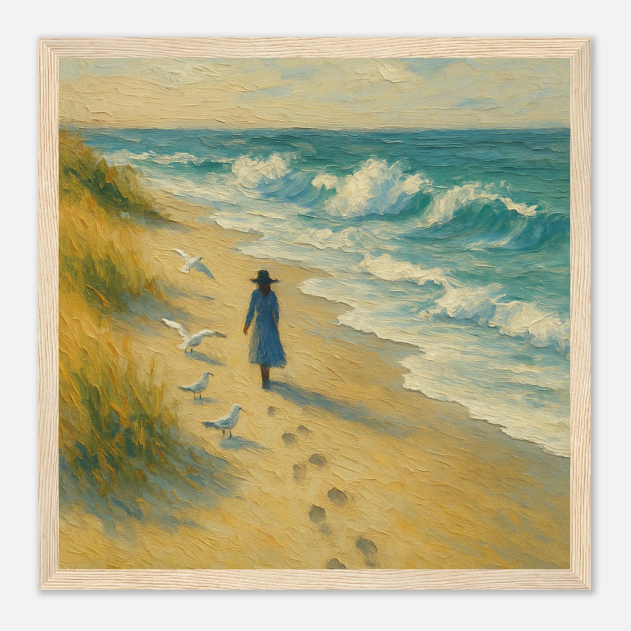 Wood frame 30x30 cm 12x12″ - “Soft Steps by the Sea” | Serene Coastal Art Print - Play By Print