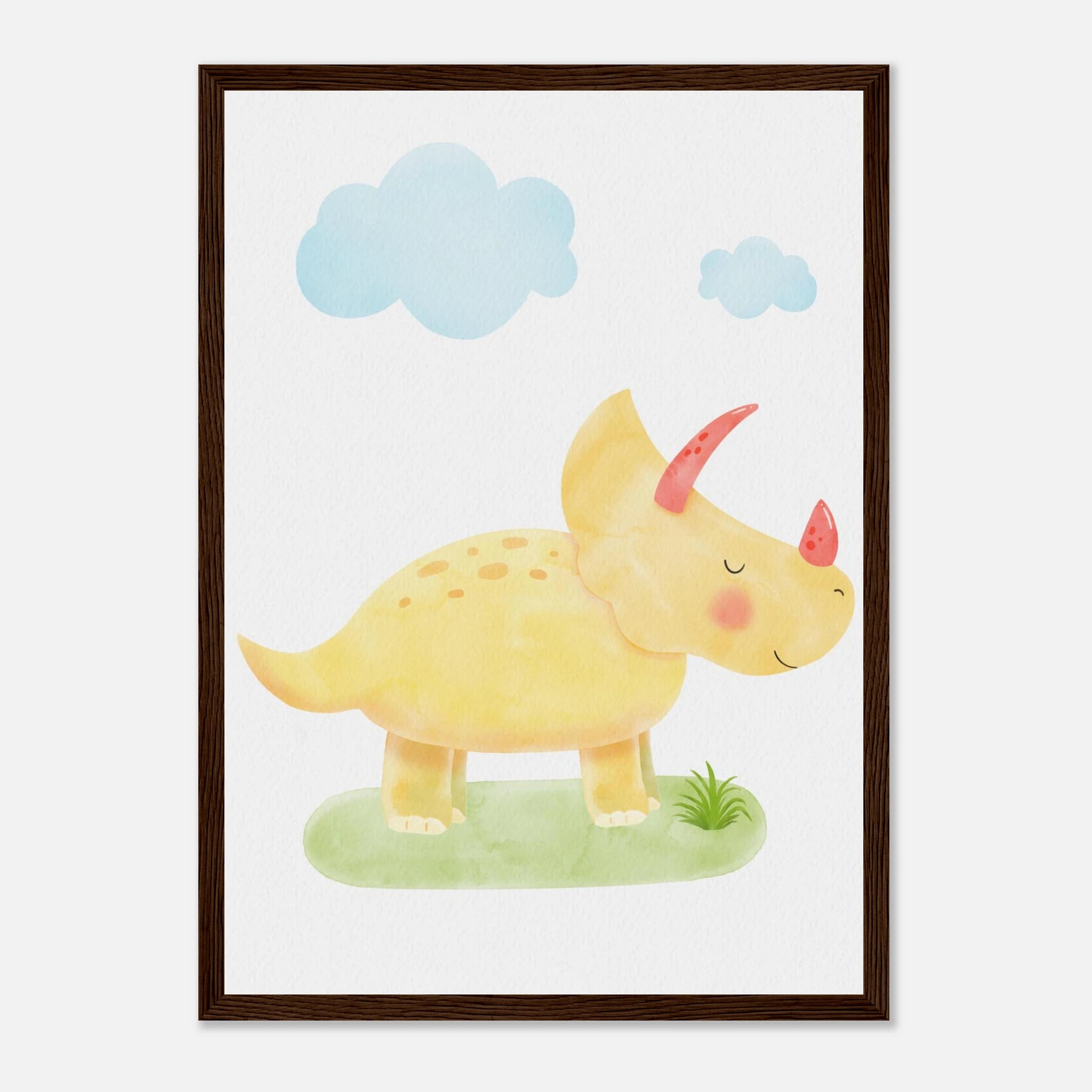 Dark wood frame - Yellow Dinosaur Nursery Print | Cute Triceratops Wall Art for Kids - Iris