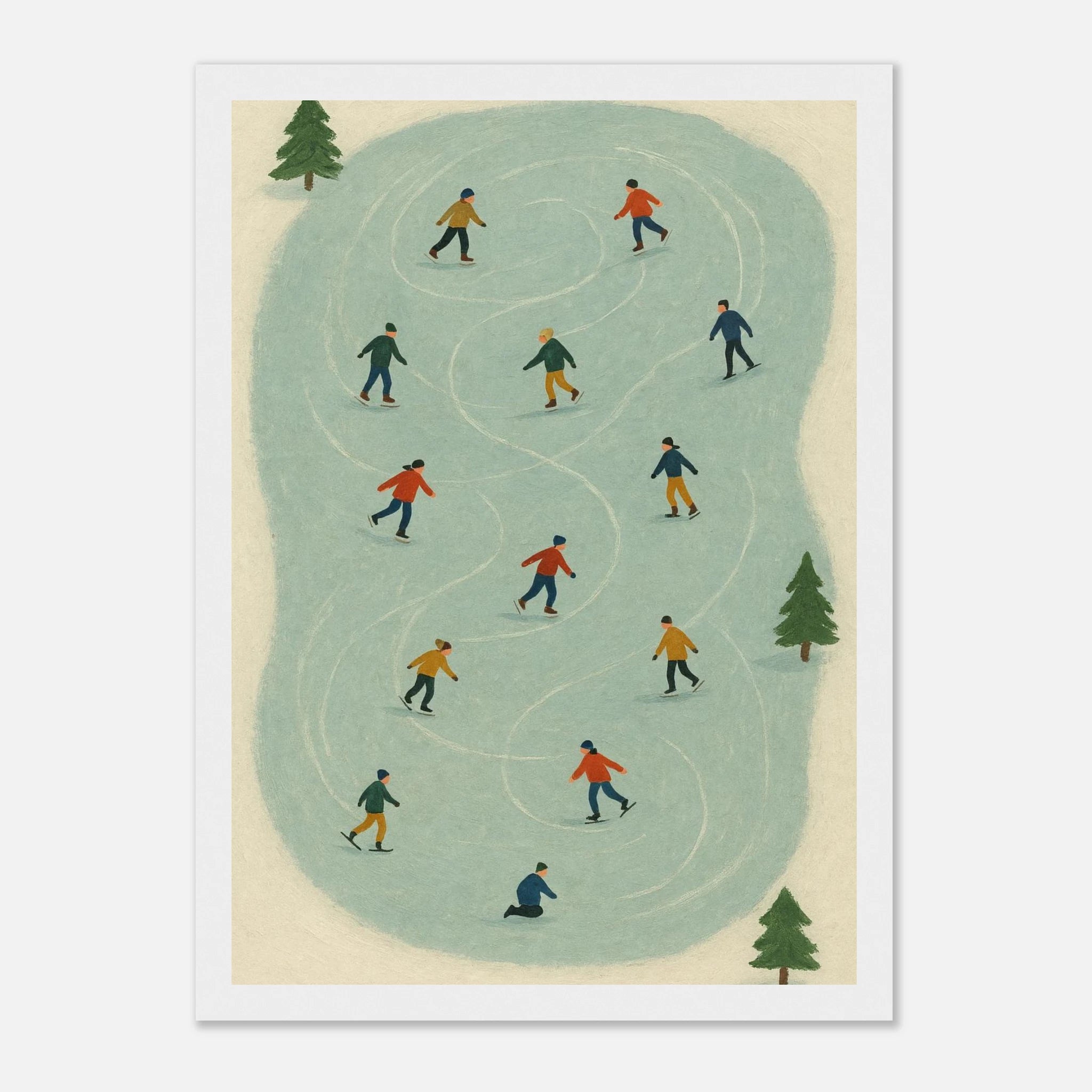 White frame 21x29.7 cm 8x12" - Winter Ice Skating Print | Whimsical Folk Art Style - Play By Print
