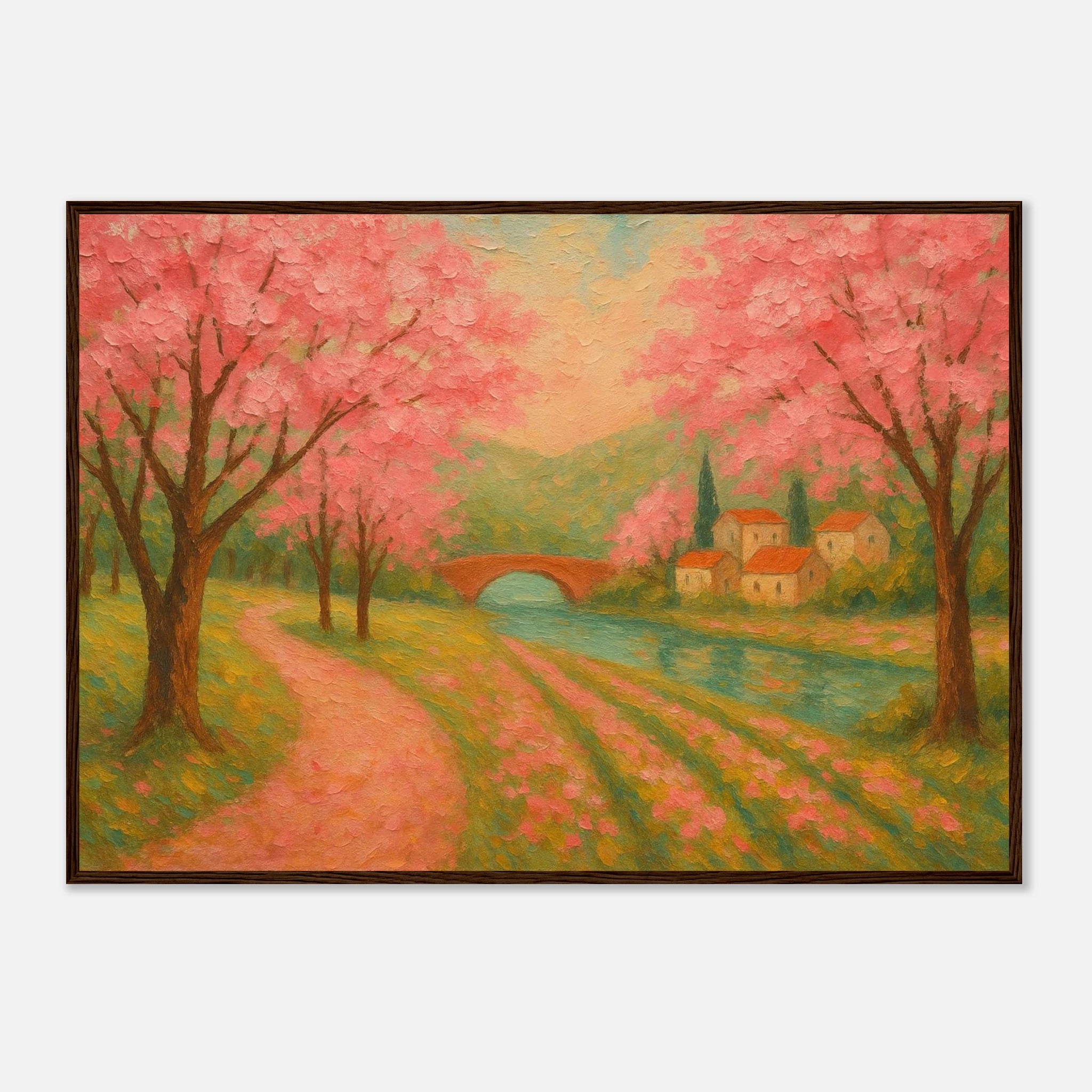 Dark wood frame A1 (59.4 x 84.1 cm) - Spring Cherry Blossom Lane – Pink Blossoms by the River Art Print - Play By Print