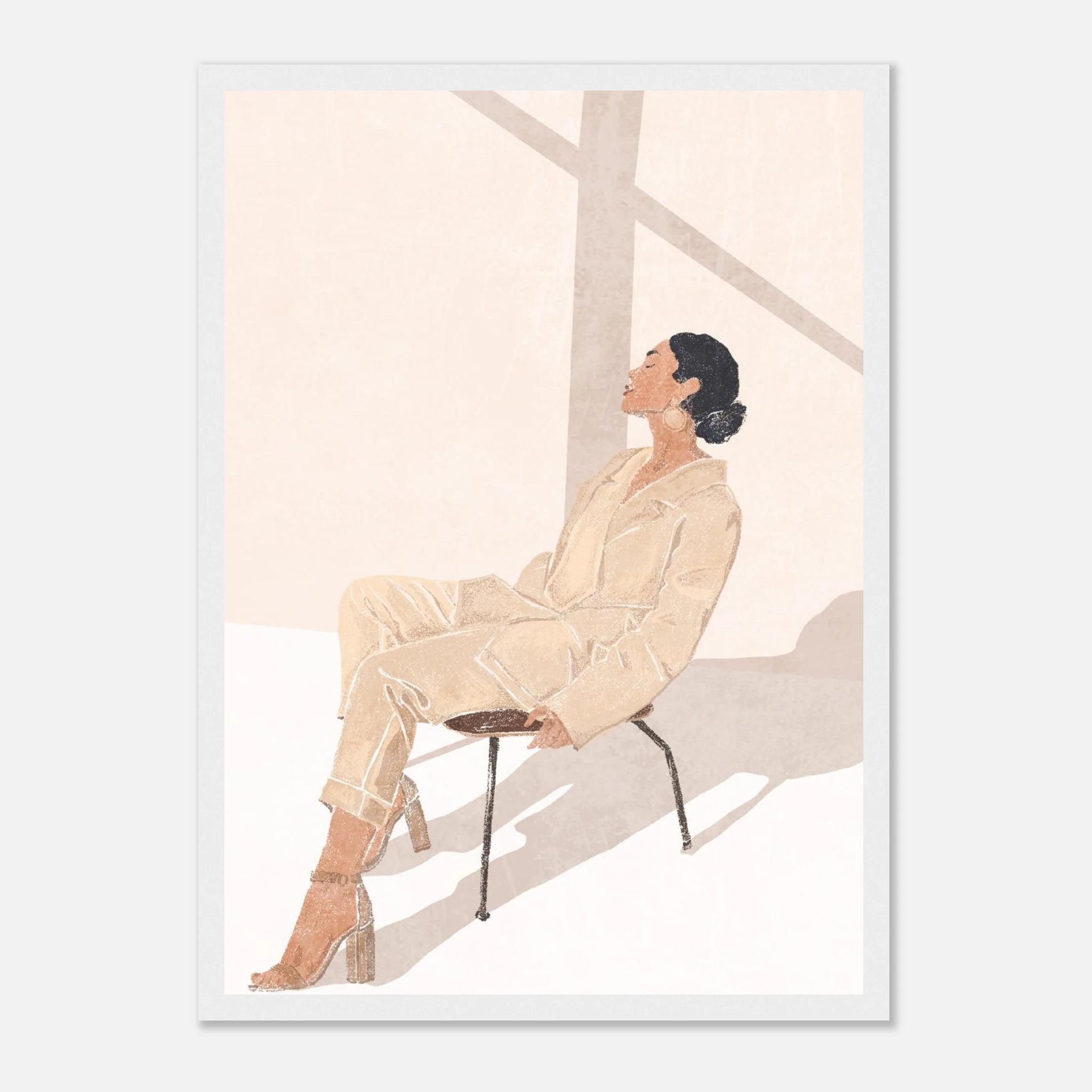 White frame - Sunlit Muse – Minimalist Woman in Beige Outfit Wall Art Print - Play By Print