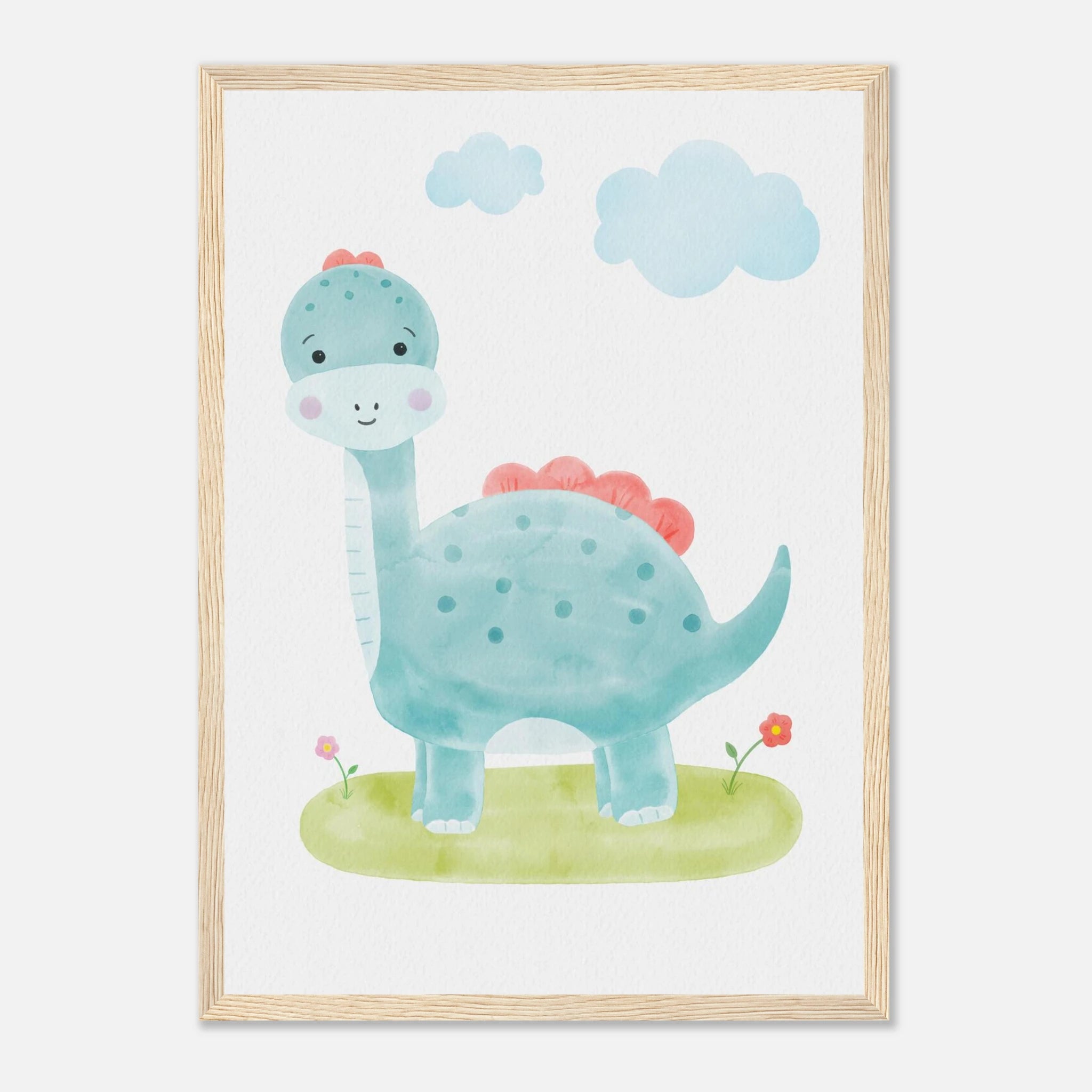 Wood frame - Blue Dinosaur Nursery Print | Watercolour Brachiosaurus Wall Art for Kids - Iris