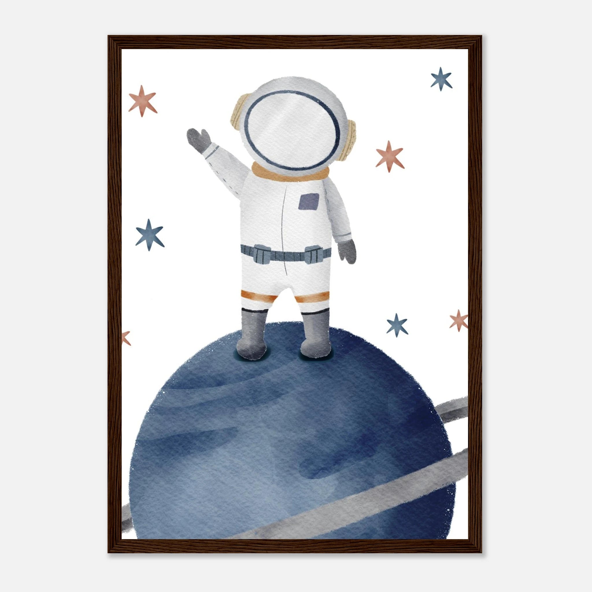 Dark wood frame - Watercolour Astronaut Standing on Planet Wall Art - Olga