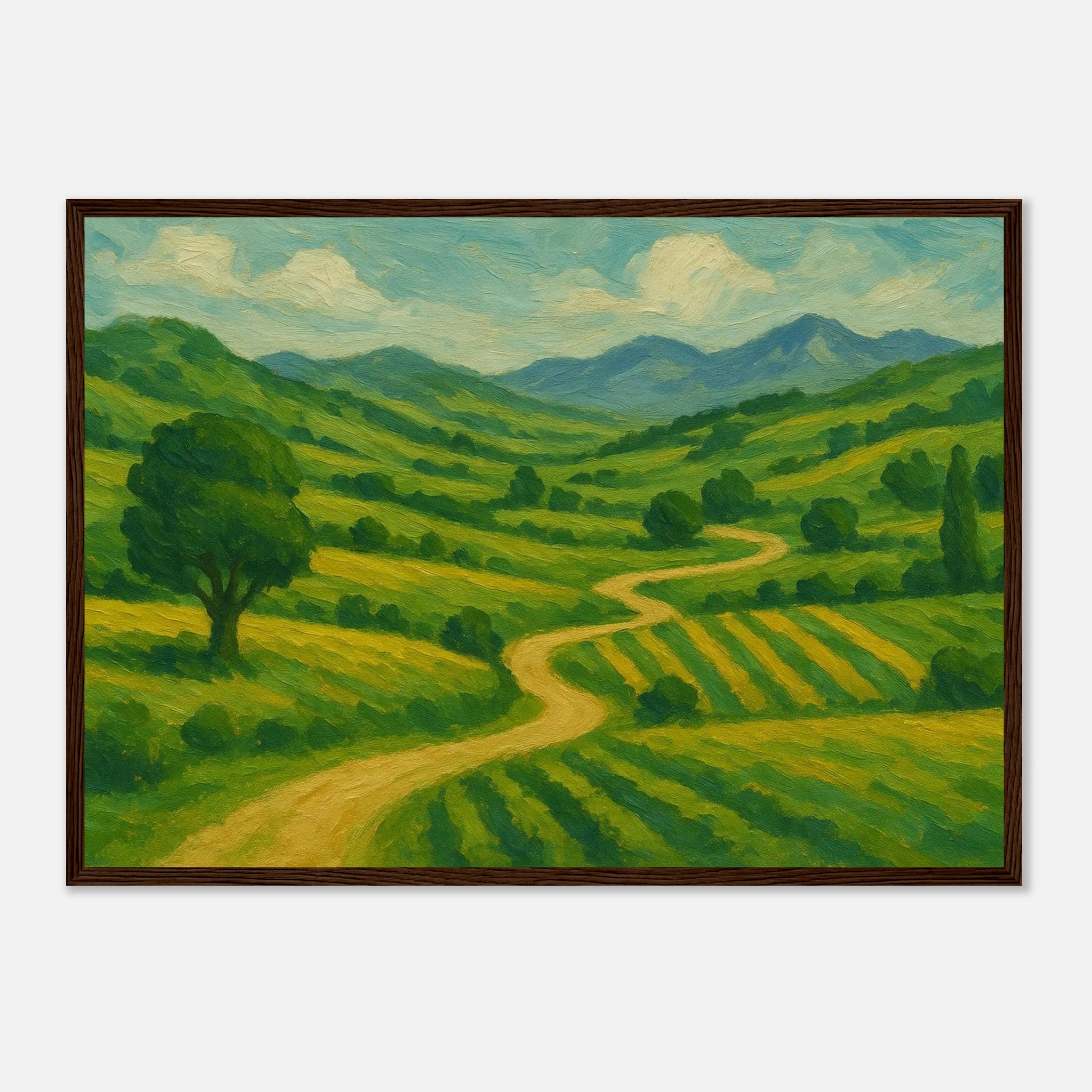 Dark wood frame A2 (42 x 59.4 cm) - “Winding Through Green” | Rolling Hills Countryside Print - Play By Print