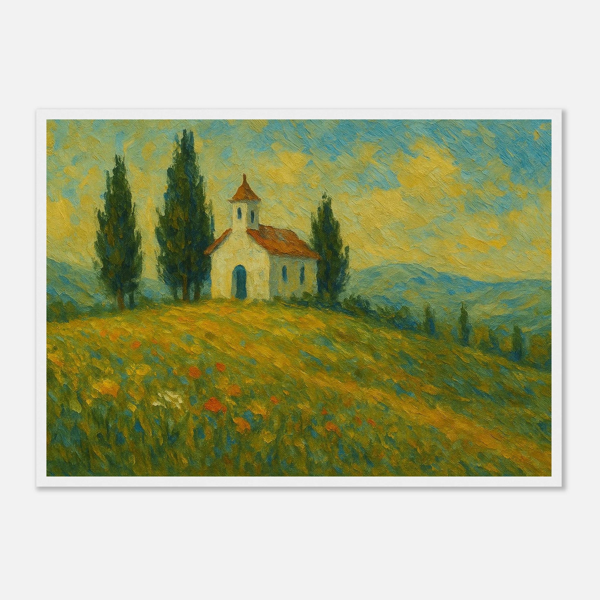 White frame A2 (42 x 59.4 cm) - “Chapel on the Hill” | Countryside Church Landscape Print - Play By Print