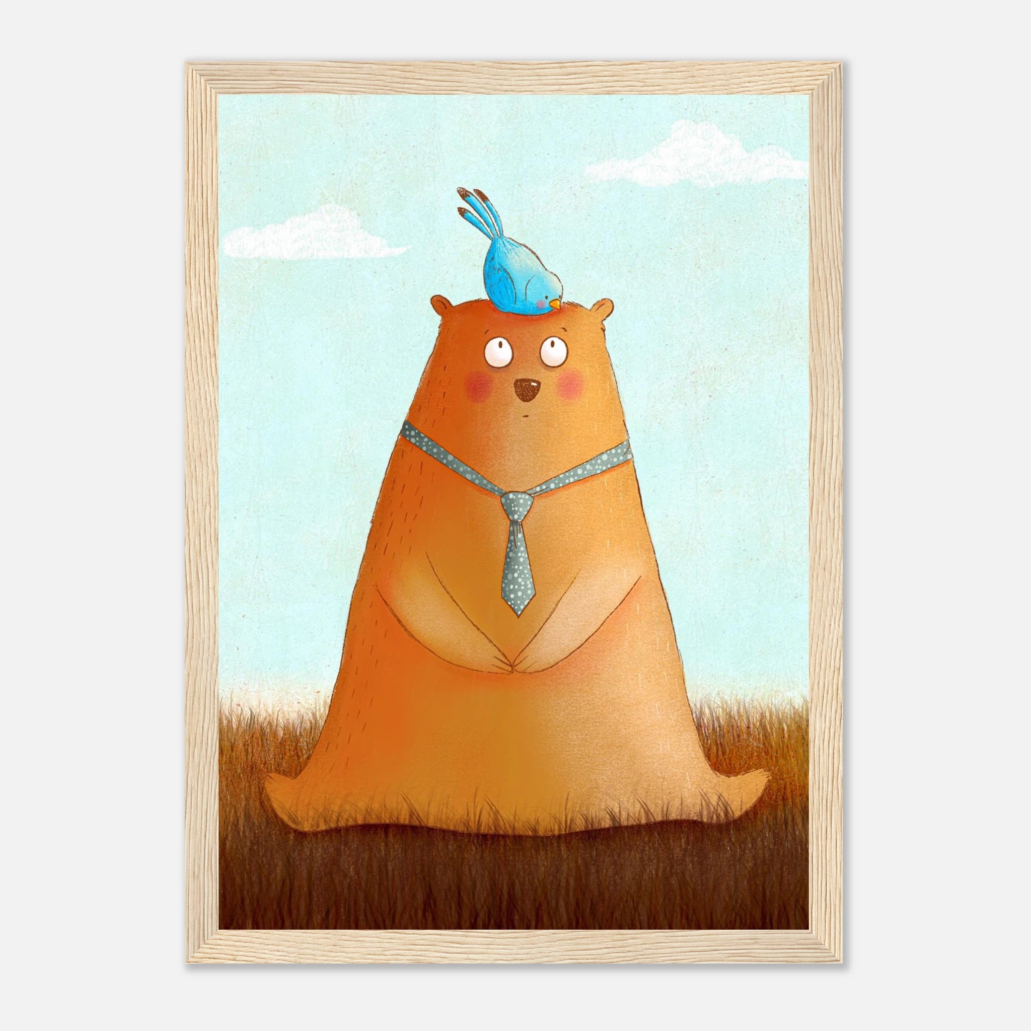 Wood frame A4 (21x29.7 cm 8x12") - Bear and Bird Nursery Print | Whimsical Animal Wall Art for Kids’ Rooms - Iris
