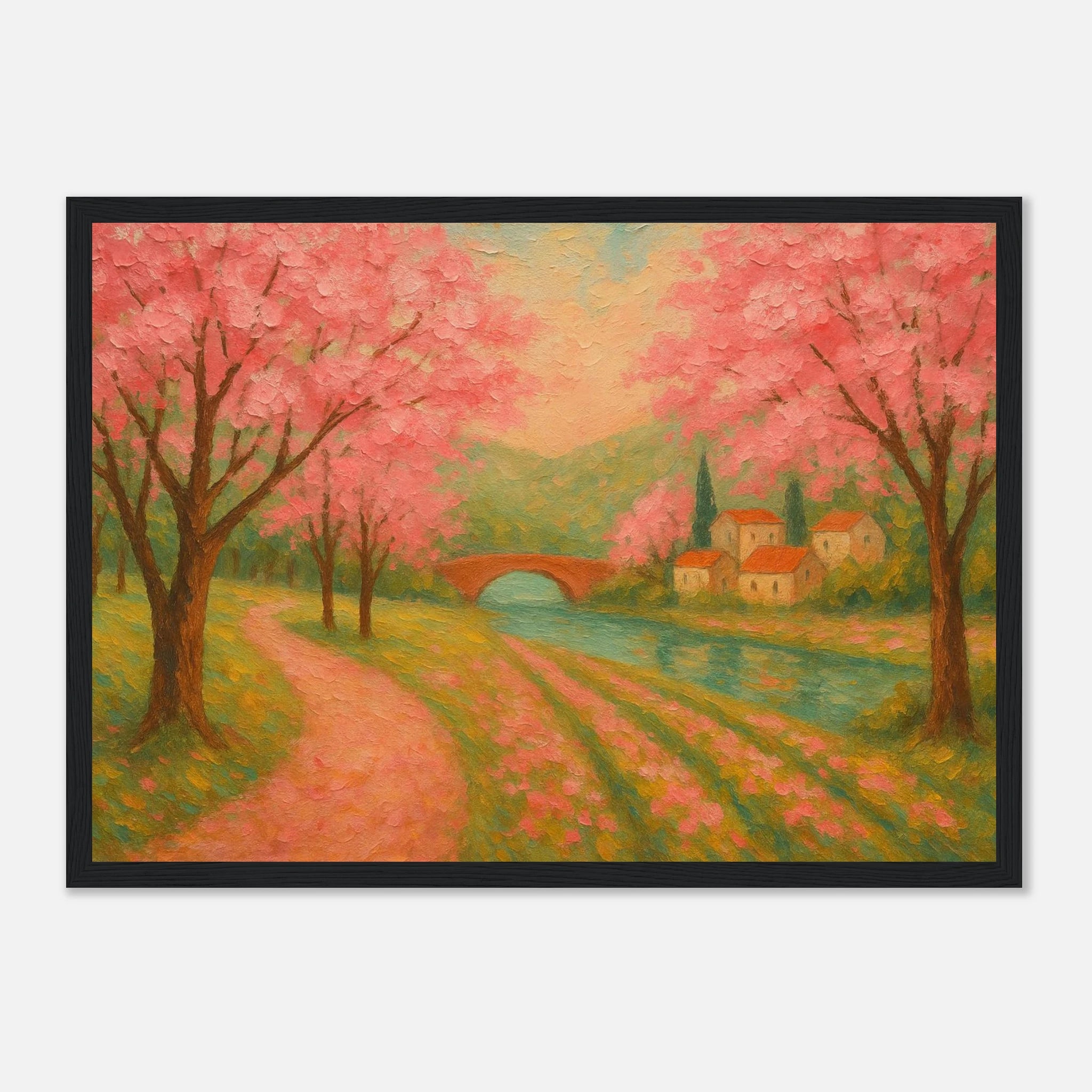 Black frame A3 (29.7 x 42 cm) - Spring Cherry Blossom Lane – Pink Blossoms by the River Art Print - Play By Print