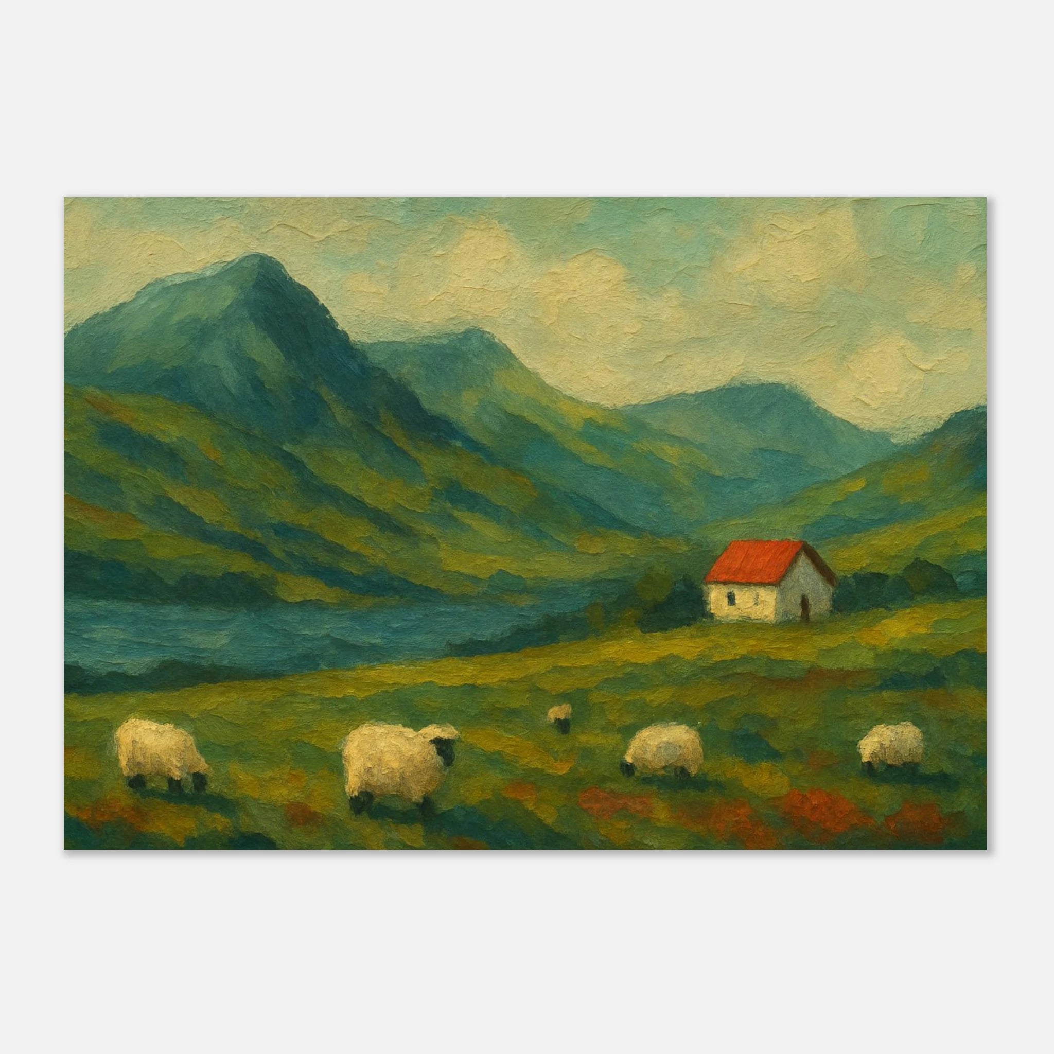 Unframed 21x29.7 cm 8x12" - Hillside Haze – Countryside Sheep & Cottage Wall Art Print - Play By Print