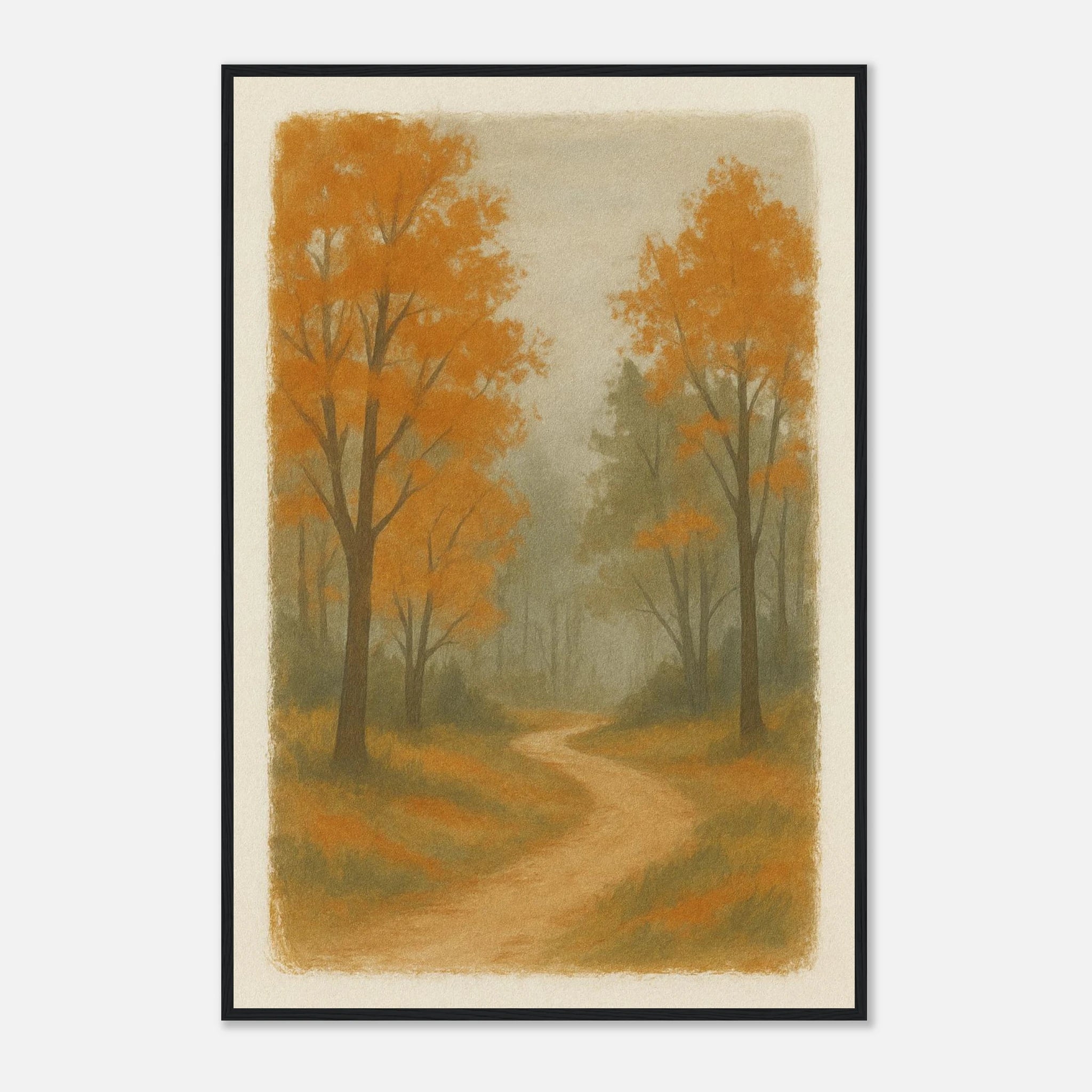 Black frame 60x90 cm 24x36″ - Whispering Path – Misty Autumn Forest Wall Art Print - Play By Print