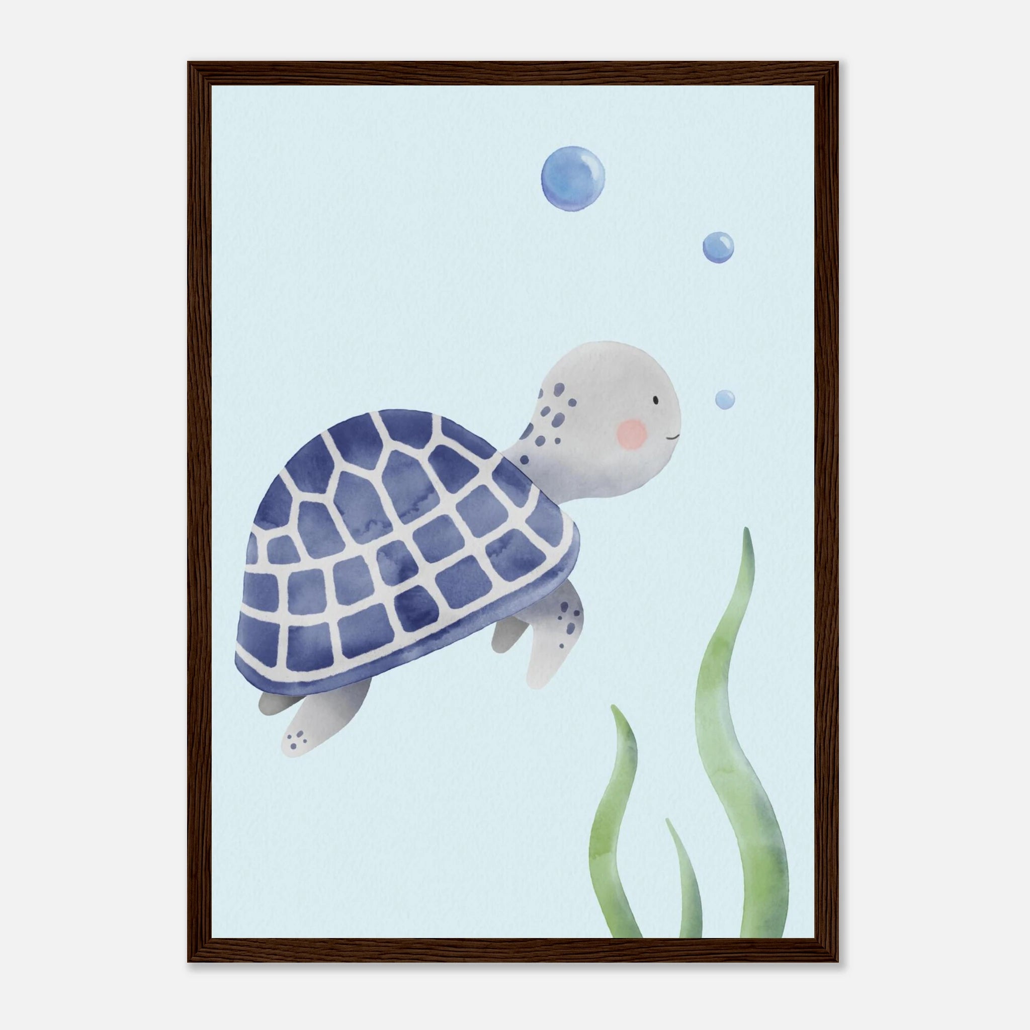 Dark wood frame A3 (29.7 x 42 cm) - Blue Sea Turtle Nursery Print | Watercolour Ocean Animal Wall Art for Kids - Iris