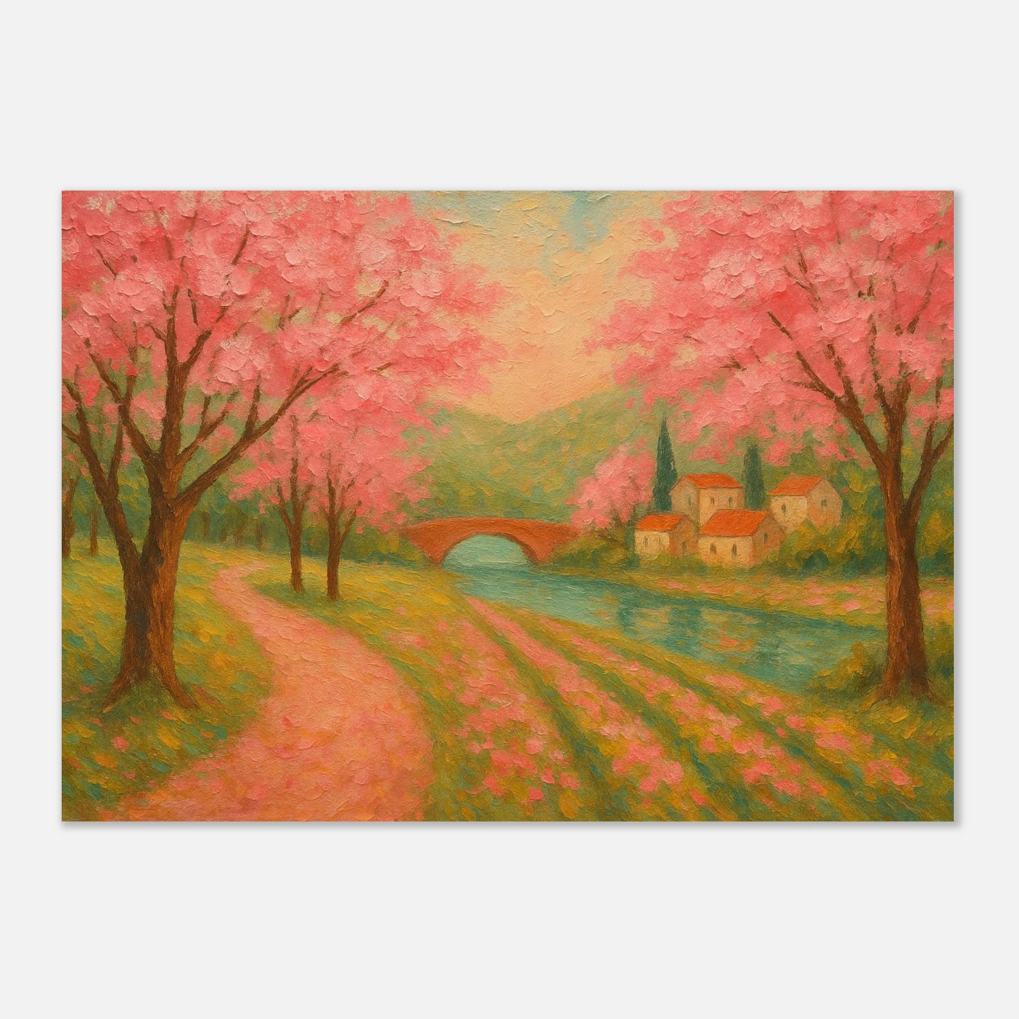 Unframed A2 (42 x 59.4 cm) - Spring Cherry Blossom Lane – Pink Blossoms by the River Art Print - Play By Print