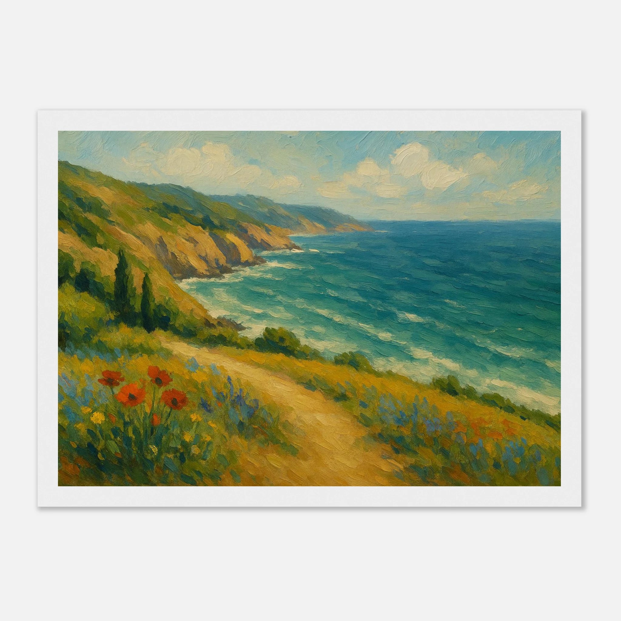 White frame 21x29.7 cm 8x12" - “Coastal Wildflowers & Whispering Waves” | Ocean Cliff Landscape - Play By Print