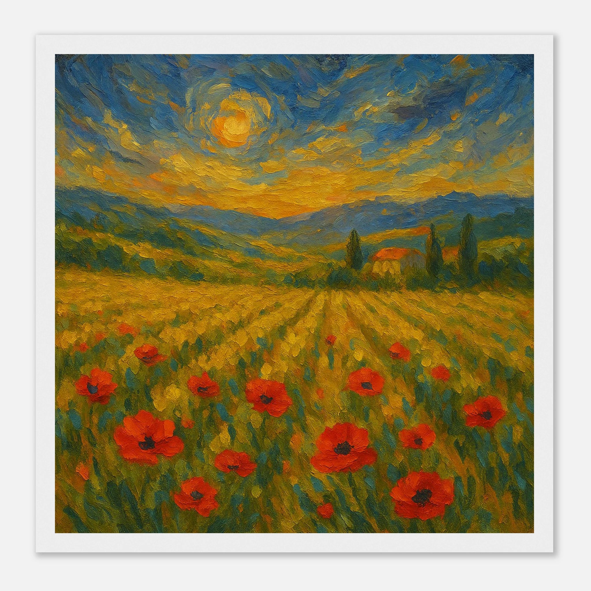 White frame 30x30 cm 12x12″ - “Golden Hour in the Poppies” | Vibrant Sunset Landscape Art - Play By Print