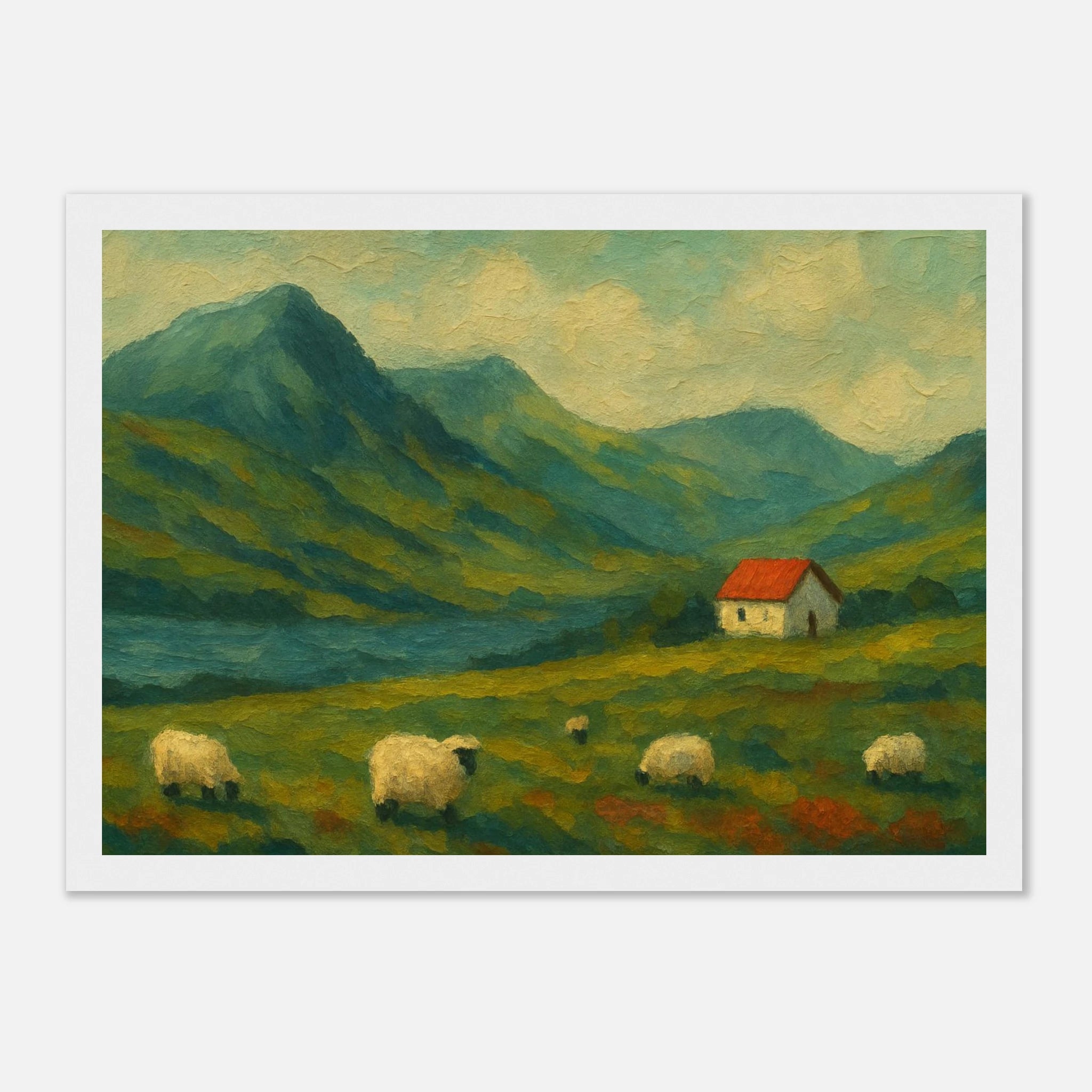 White frame 21x29.7 cm 8x12" - Hillside Haze – Countryside Sheep & Cottage Wall Art Print - Play By Print