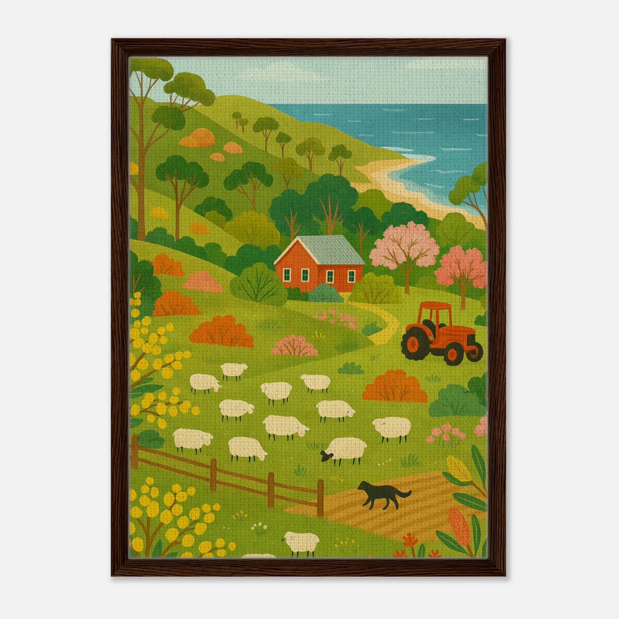 Dark wood frame 50x70 cm 20x28″ - Coastal Sheep Farm – Australian Countryside Canvas Wall Art - Play By Print
