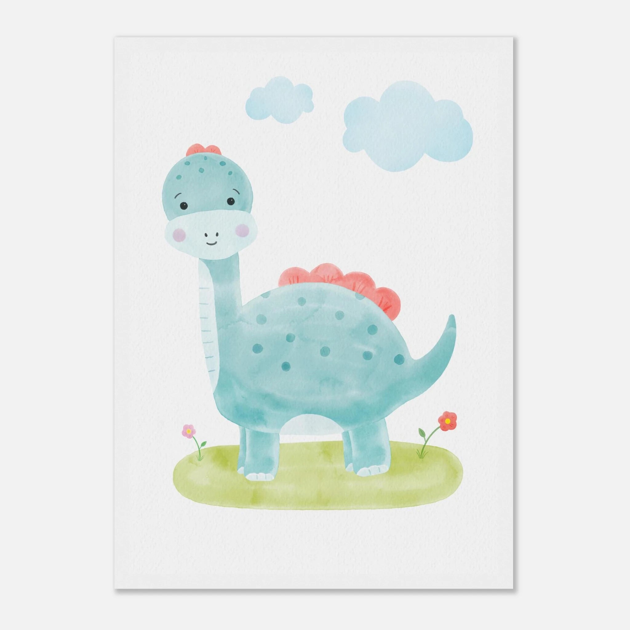 White frame - Blue Dinosaur Nursery Print | Watercolour Brachiosaurus Wall Art for Kids - Iris