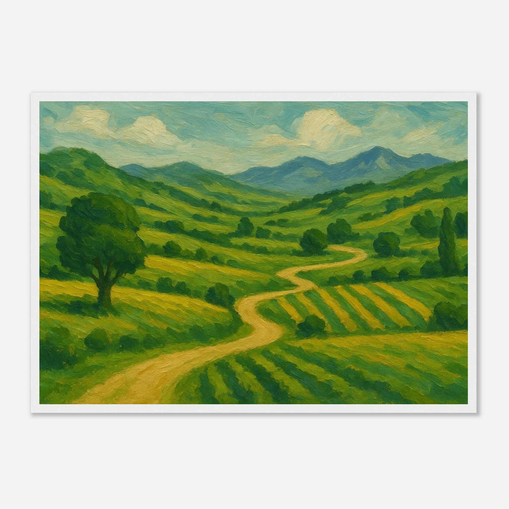 White frame A2 (42 x 59.4 cm) - “Winding Through Green” | Rolling Hills Countryside Print - Play By Print