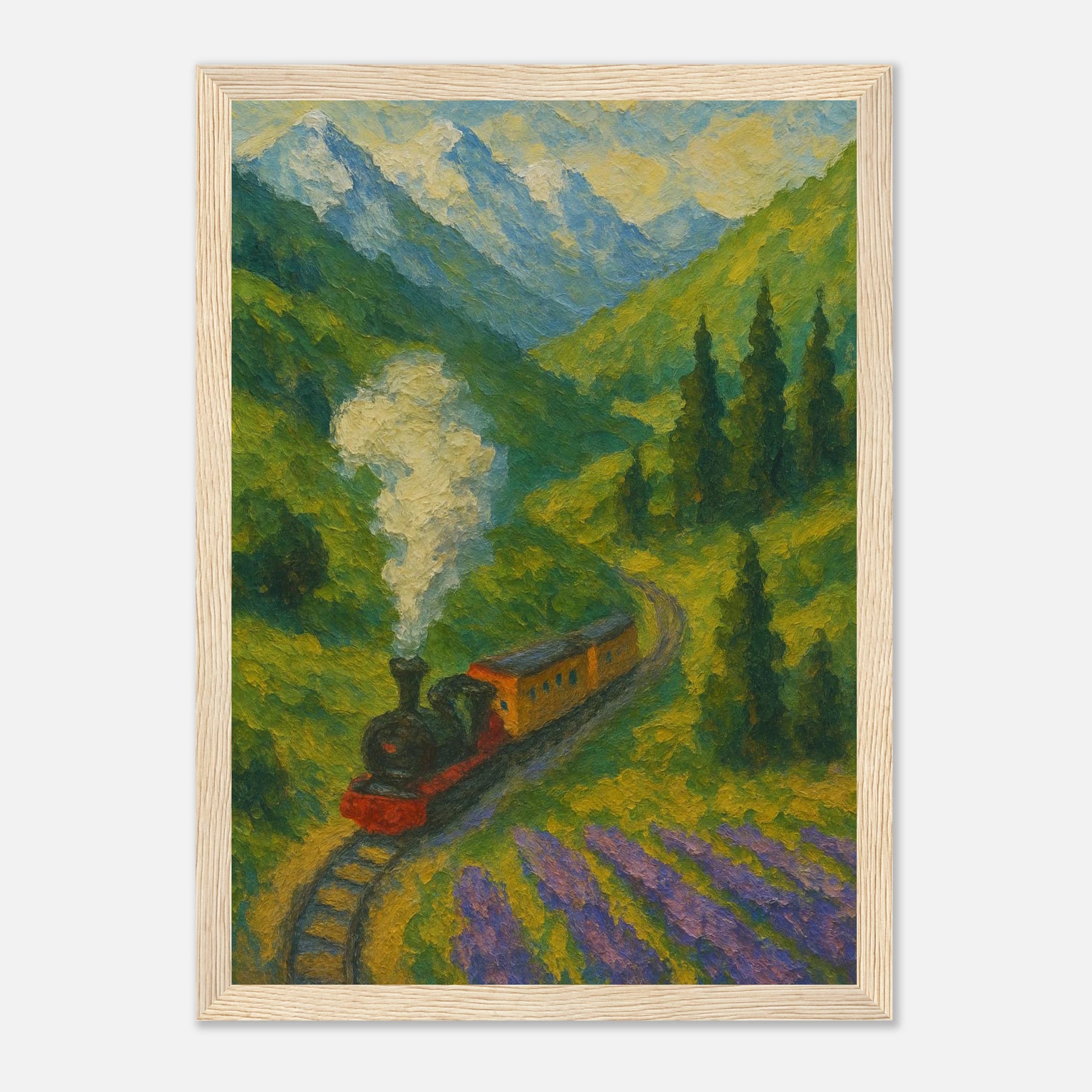 Wood frame 21x29.7 cm 8x12" - Mountain Steam Train Wall Art | Textured Painterly Travel - Play By Print
