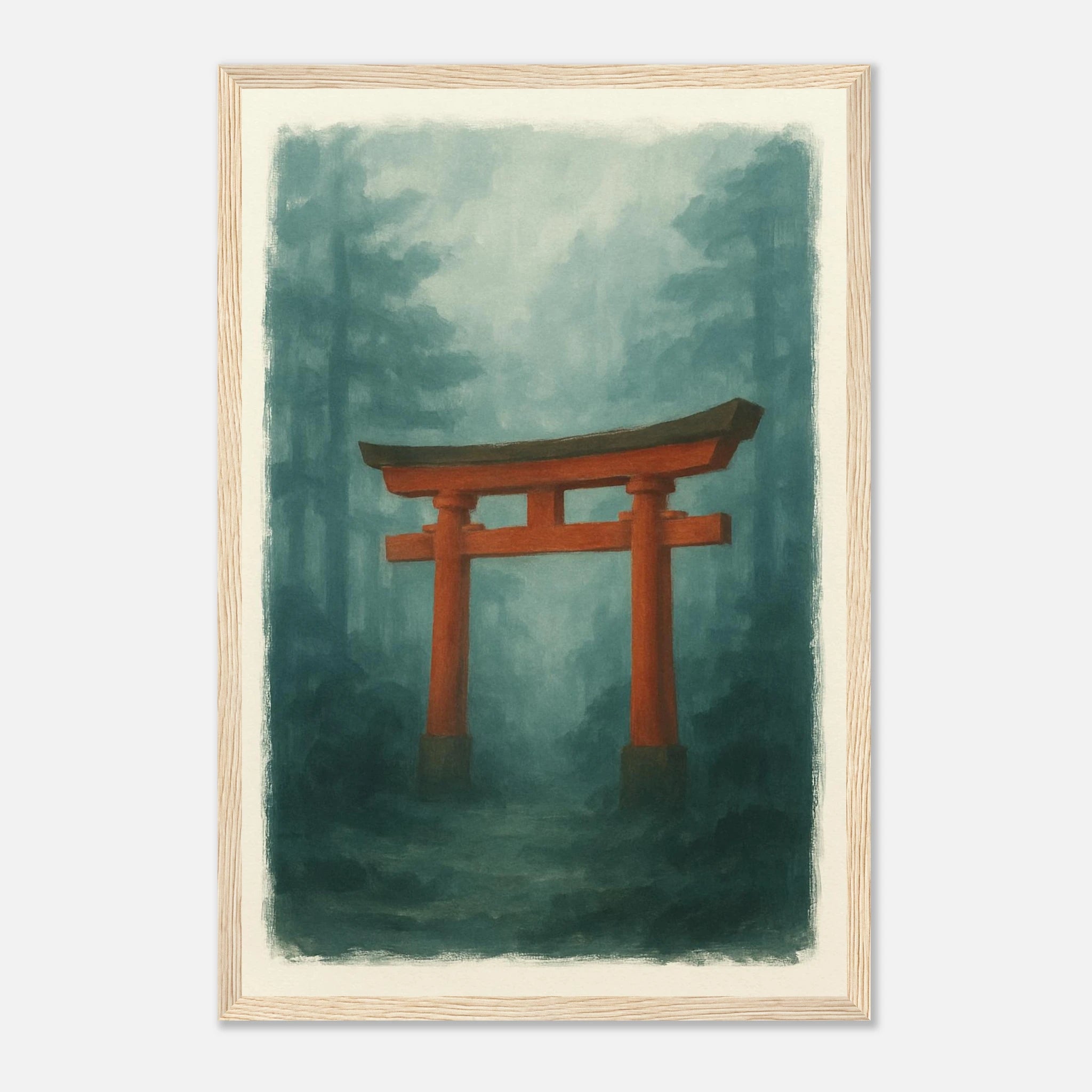 Wood frame 30x45 cm 12x18″ - Torii Gate in Mist – Gouache Japanese Landscape Art Print - Play By Print