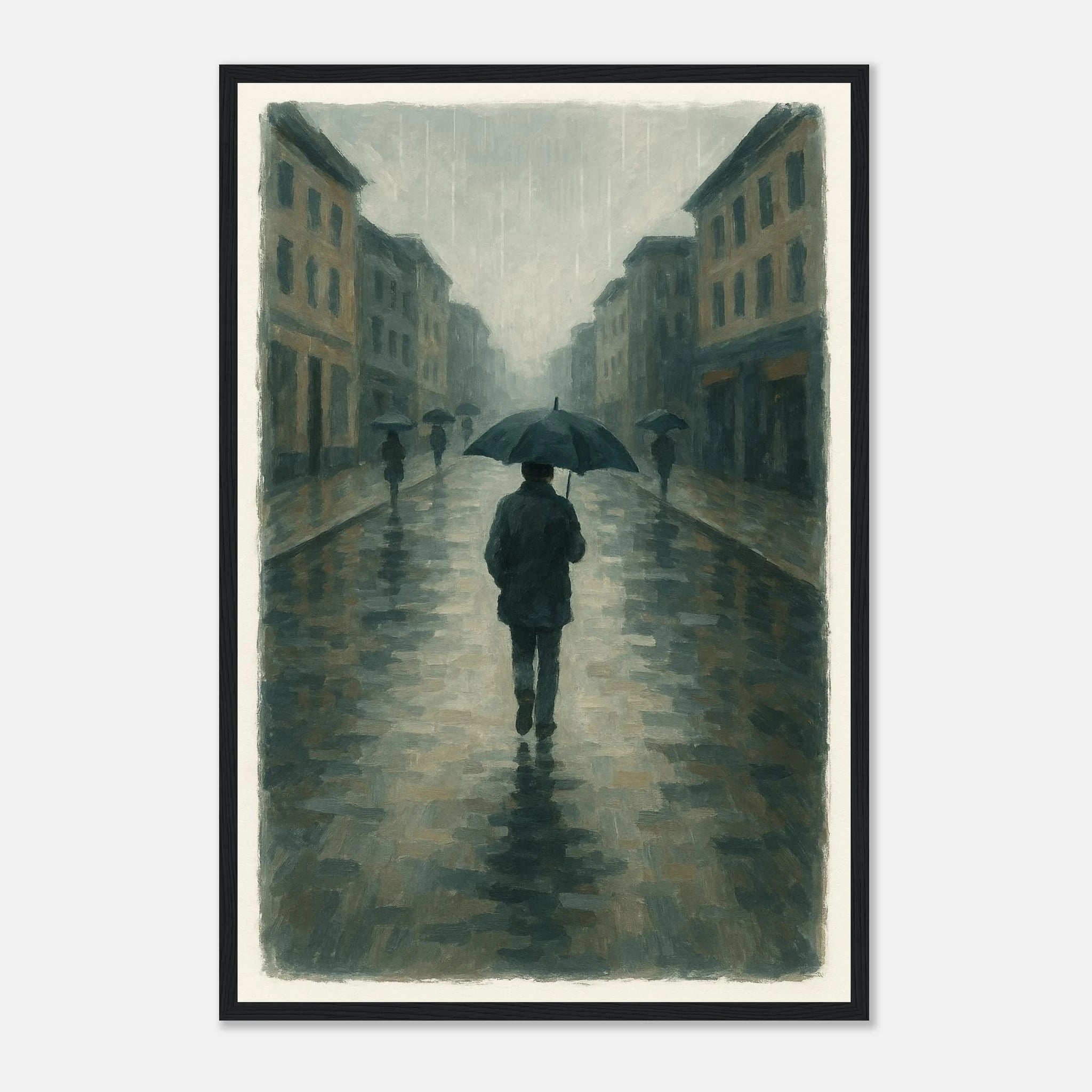 Black frame 40x60 cm 16x24″ - Rainy City Walk – Gouache-Style Art Print - Play By Print