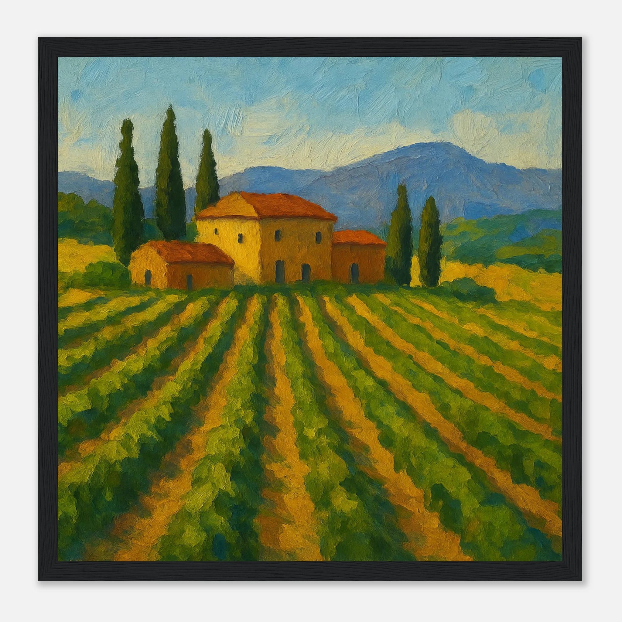 Black frame 30x30 cm 12x12″ - “Golden Rows” | Tuscany Vineyard Landscape Print - Play By Print