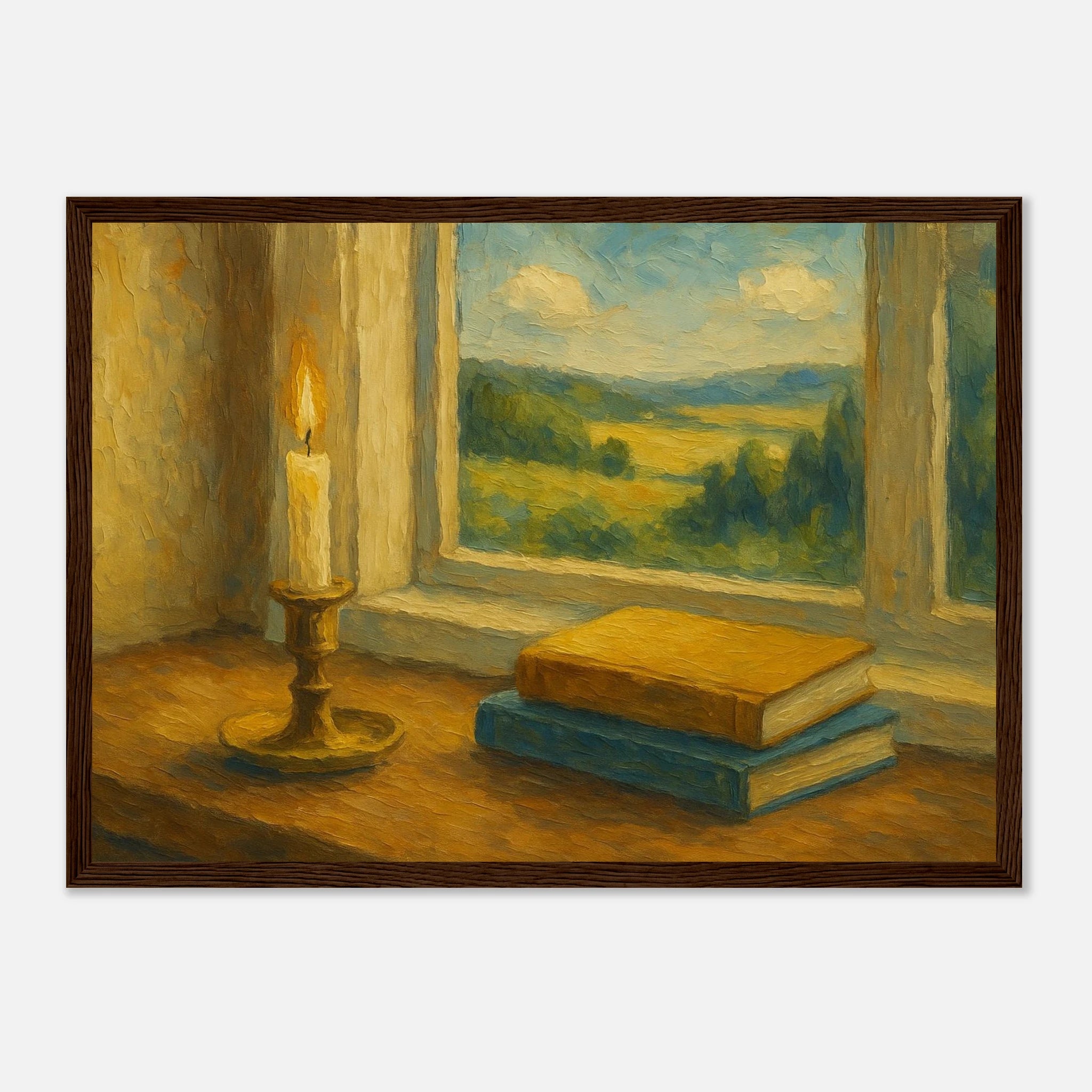 Dark wood frame A3 (29.7 x 42 cm) - “Golden Light & Quiet Pages” | Candlelit Window Still Life - Play By Print