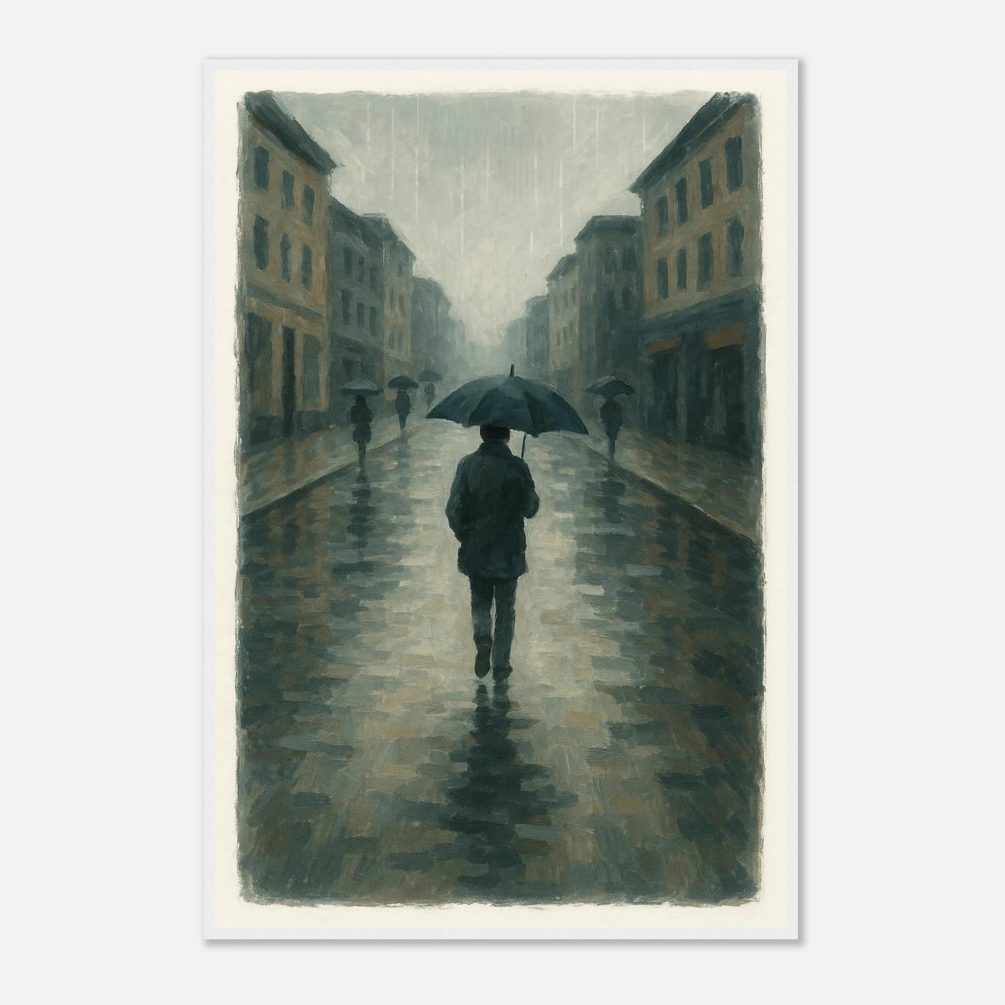 White frame 60x90 cm 24x36″ - Rainy City Walk – Gouache-Style Art Print - Play By Print