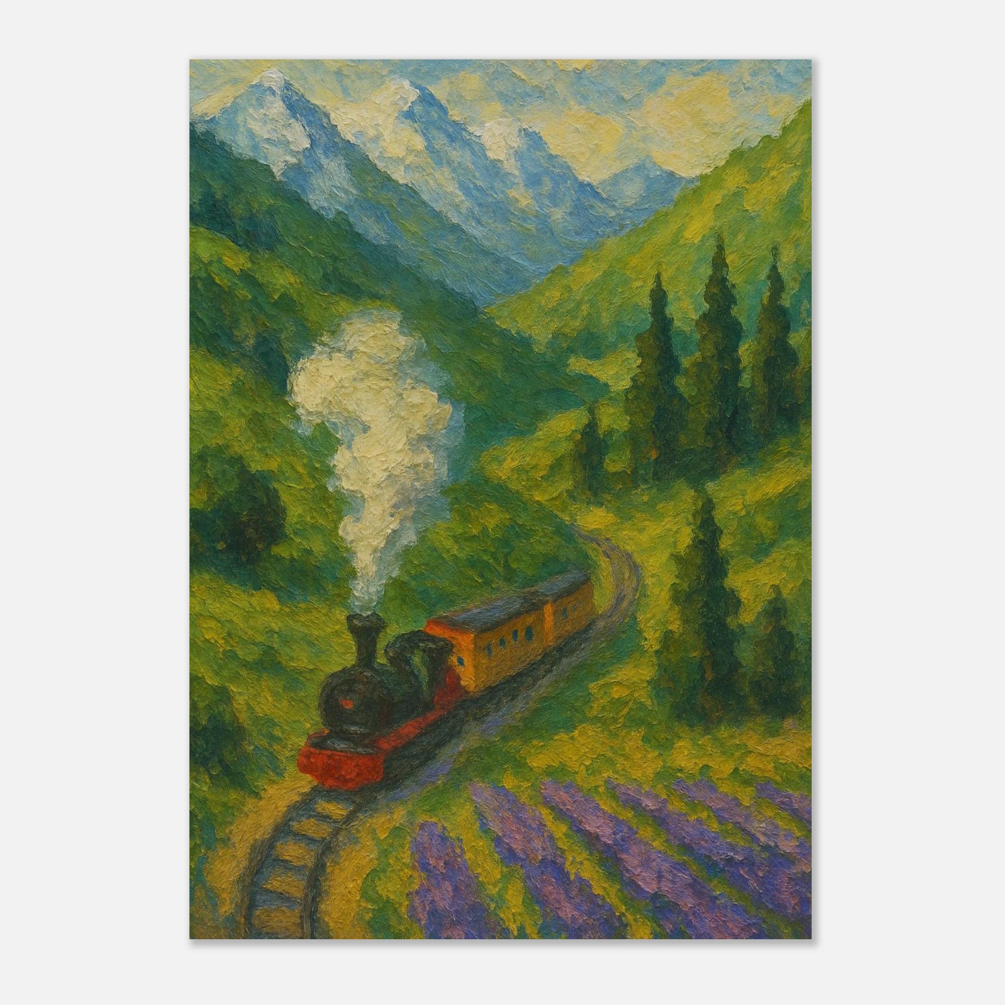 Unframed 21x29.7 cm 8x12" - Mountain Steam Train Wall Art | Textured Painterly Travel - Play By Print