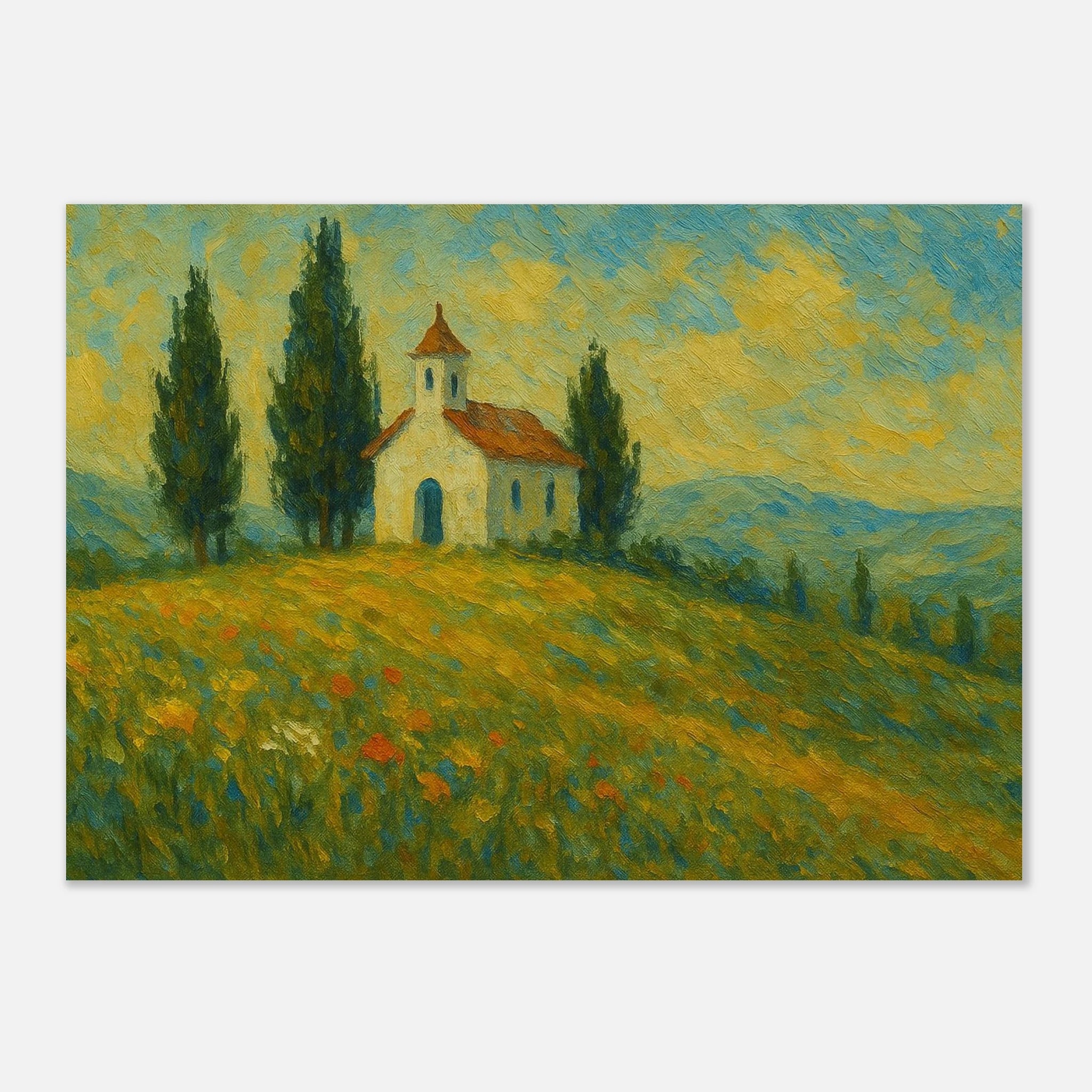 Unframed 21x29.7 cm 8x12" - “Chapel on the Hill” | Countryside Church Landscape Print - Play By Print