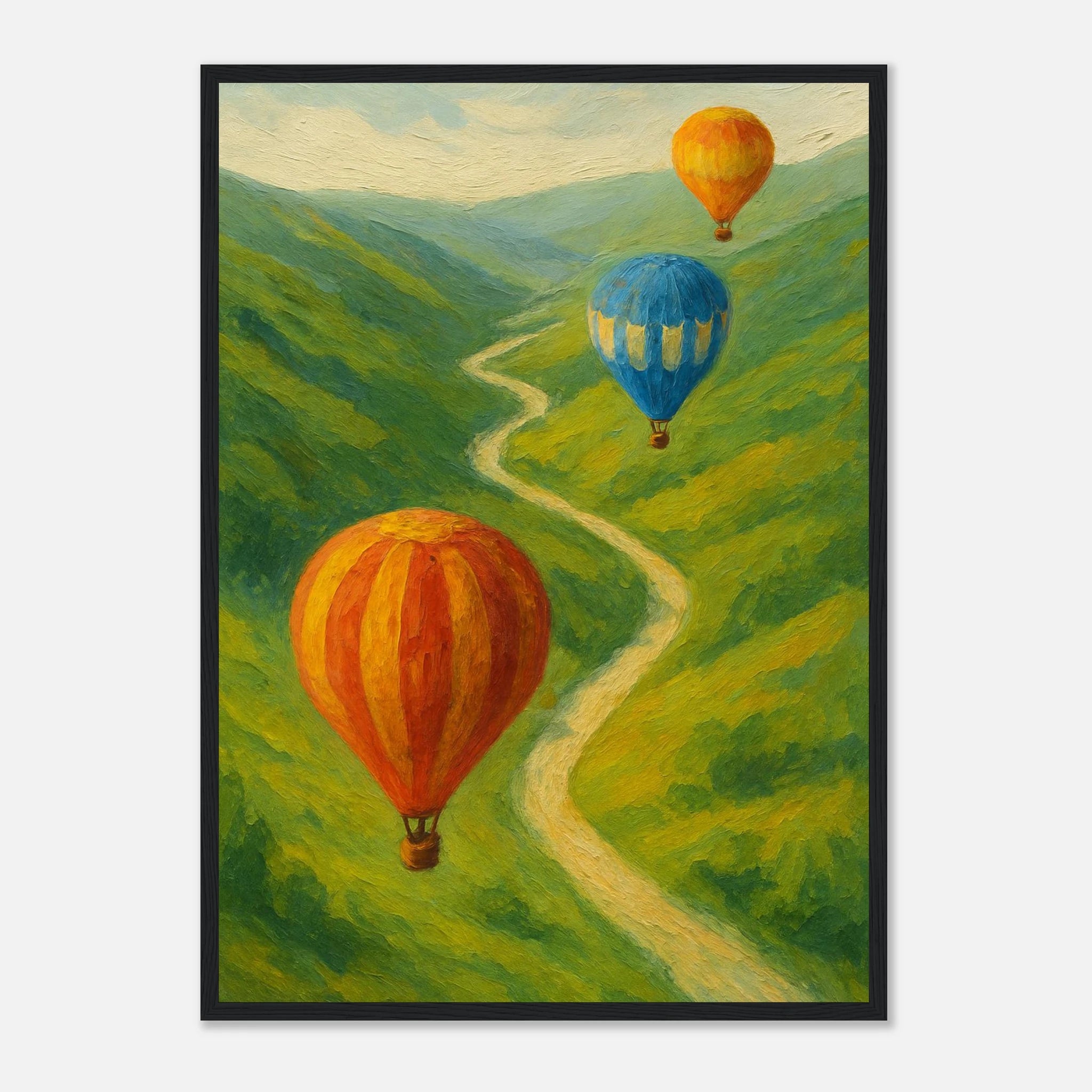 Black frame A2 (42 x 59.4 cm) - Up & Away – Hot Air Balloons Over Green Hills Wall Art Print - Play By Print