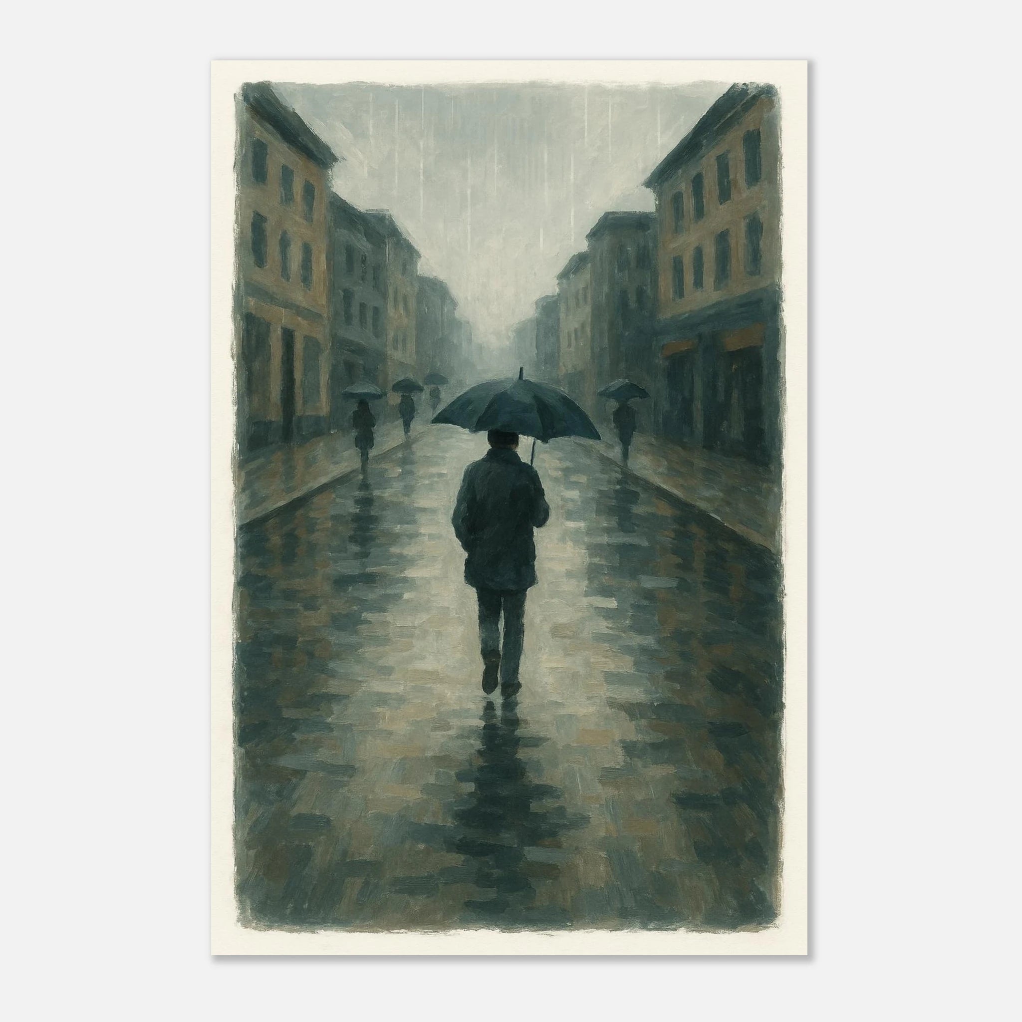 Unframed 60x90 cm 24x36″ - Rainy City Walk – Gouache-Style Art Print - Play By Print