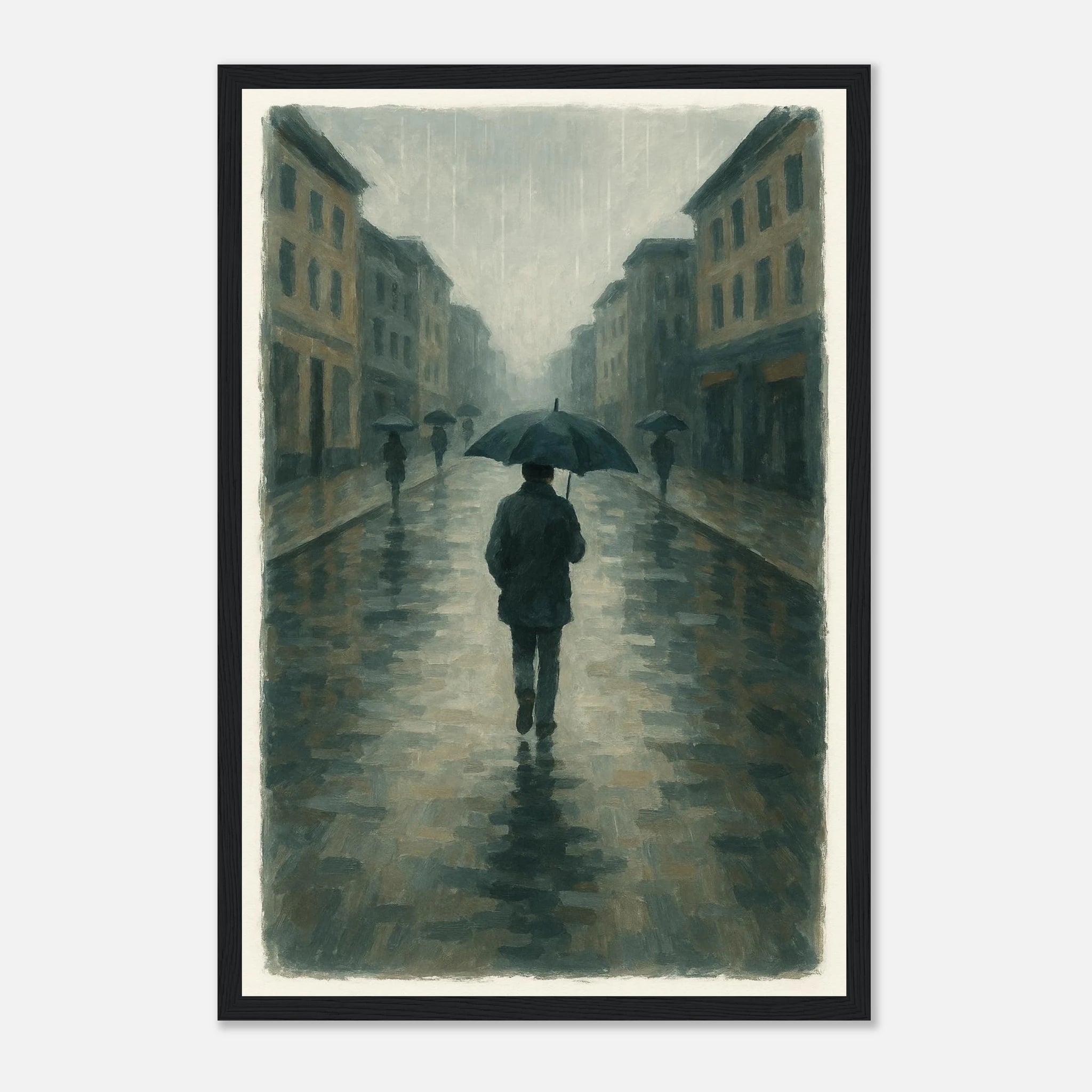 Black frame 30x45 cm 12x18″ - Rainy City Walk – Gouache-Style Art Print - Play By Print