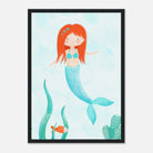 Black frame - Redhead Mermaid Wall Art | Watercolour Ocean Nursery Print for Girls - Iris