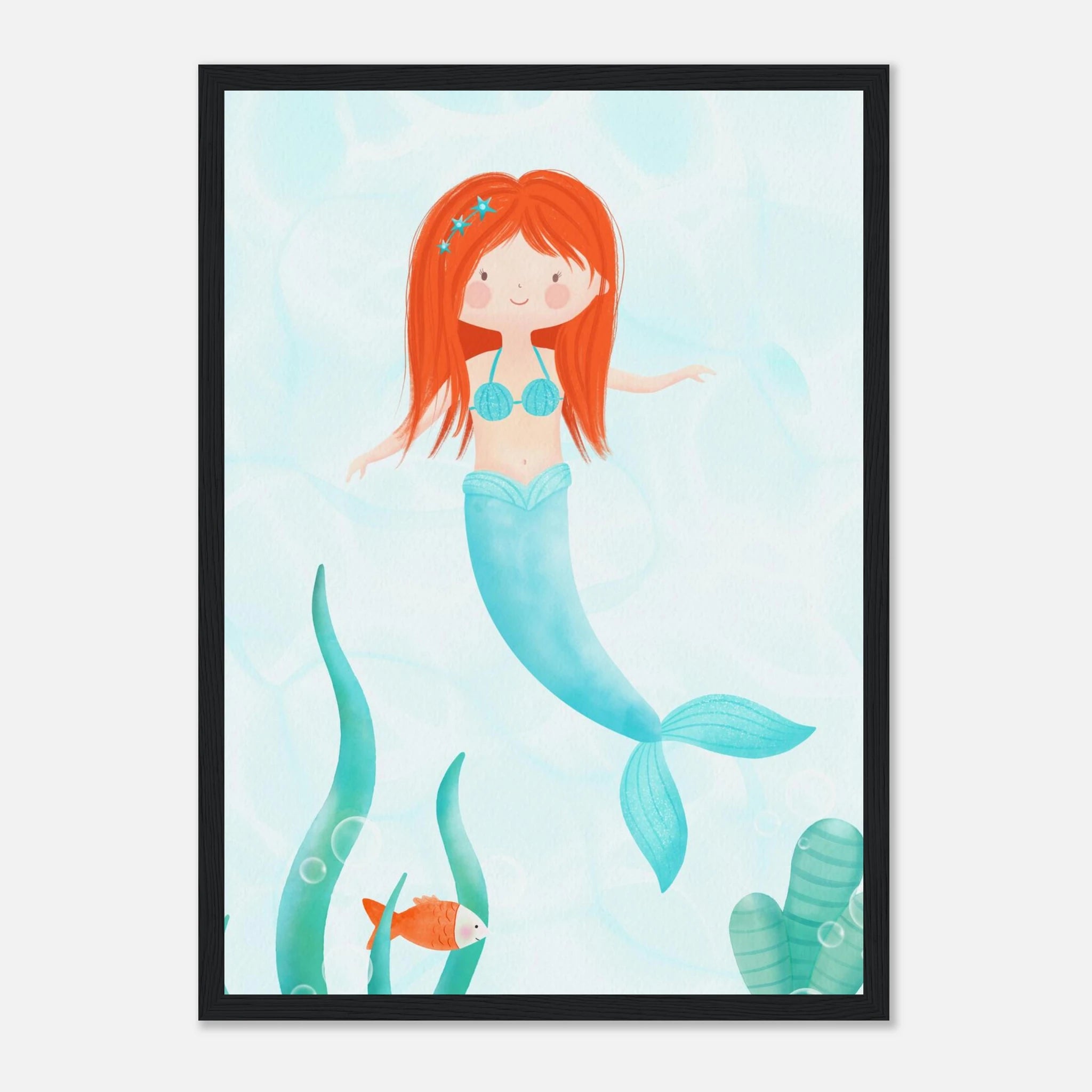 Black frame - Redhead Mermaid Wall Art | Watercolour Ocean Nursery Print for Girls - Iris