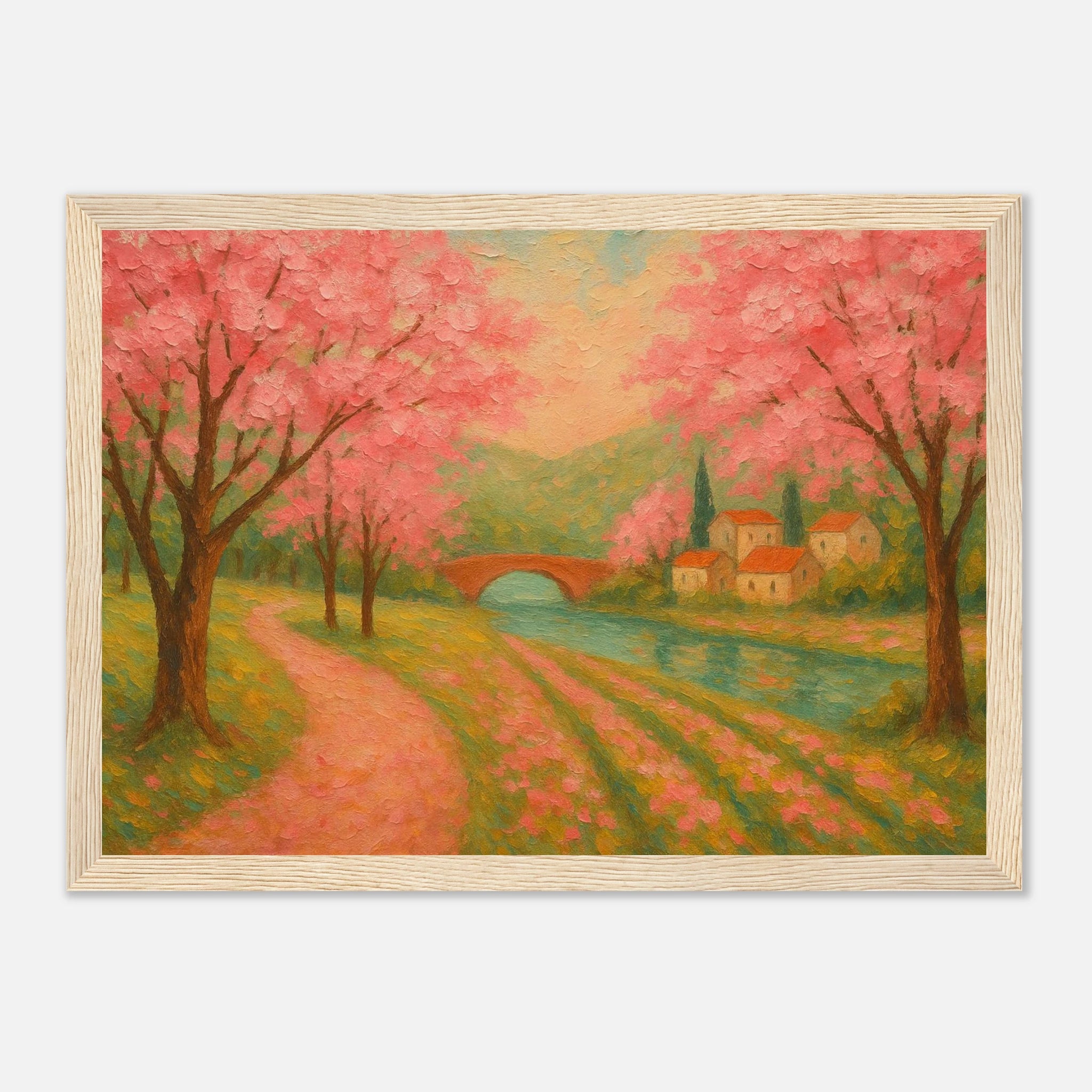 Wood frame 21x29.7 cm 8x12" - Spring Cherry Blossom Lane – Pink Blossoms by the River Art Print - Play By Print