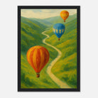 Black frame 21x29.7 cm 8x12" - Up & Away – Hot Air Balloons Over Green Hills Wall Art Print - Play By Print